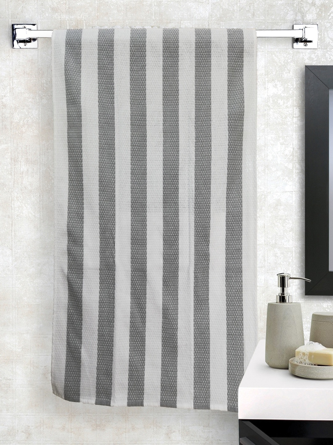 

Athom Trendz White & Grey Striped Cotton Bath Towel