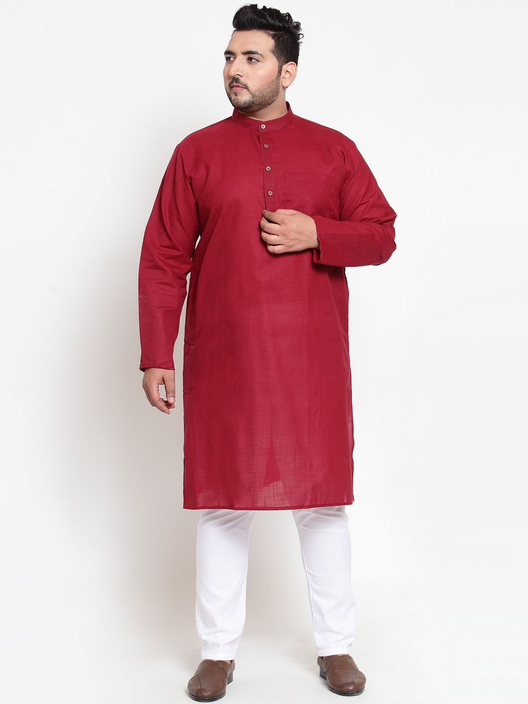 

plusS Men Maroon & White Solid Kurta with Pyjamas