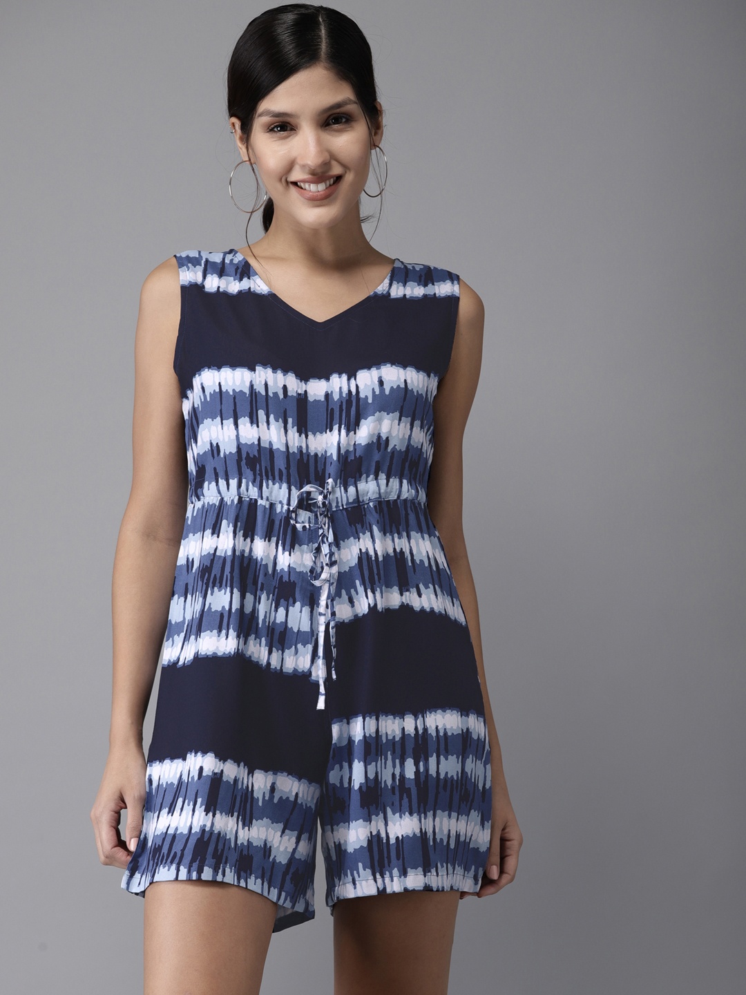 

HERE&NOW Women Navy Blue & White Dyed Playsuit