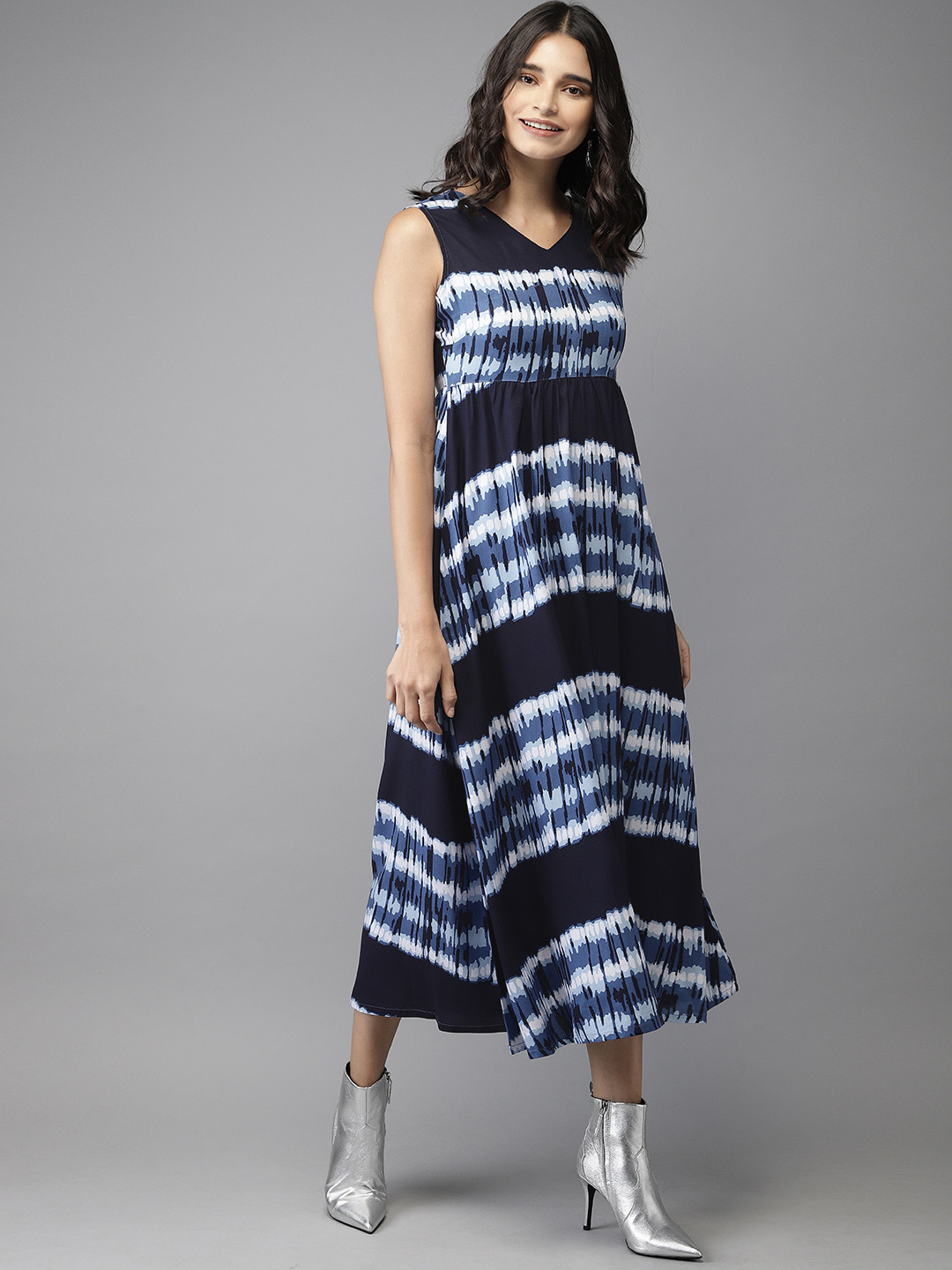 

HERE&NOW Women Printed Navy Blue & White Printed Empire Dress