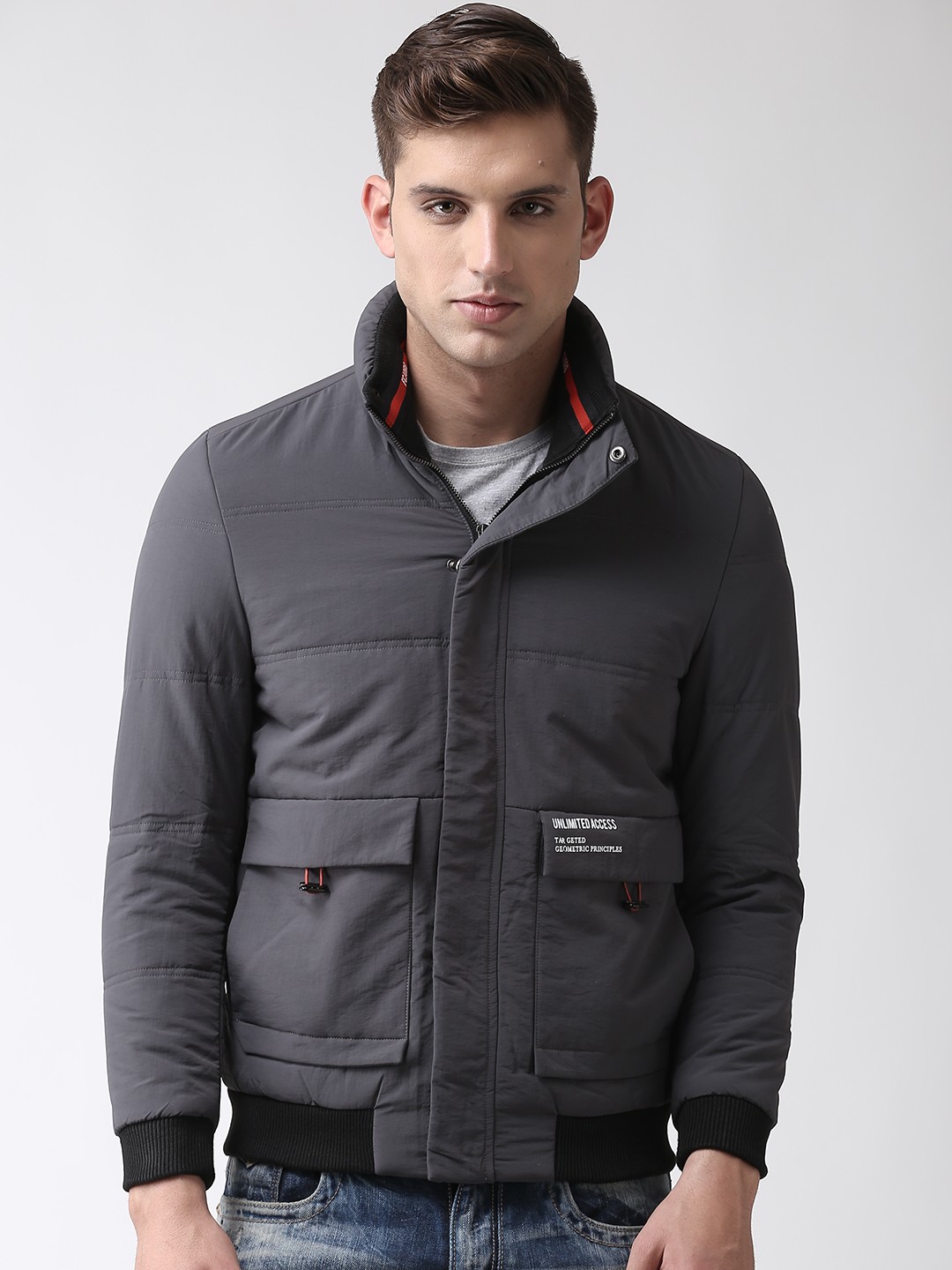 

Fort Collins Men Grey Solid Bomber Jacket