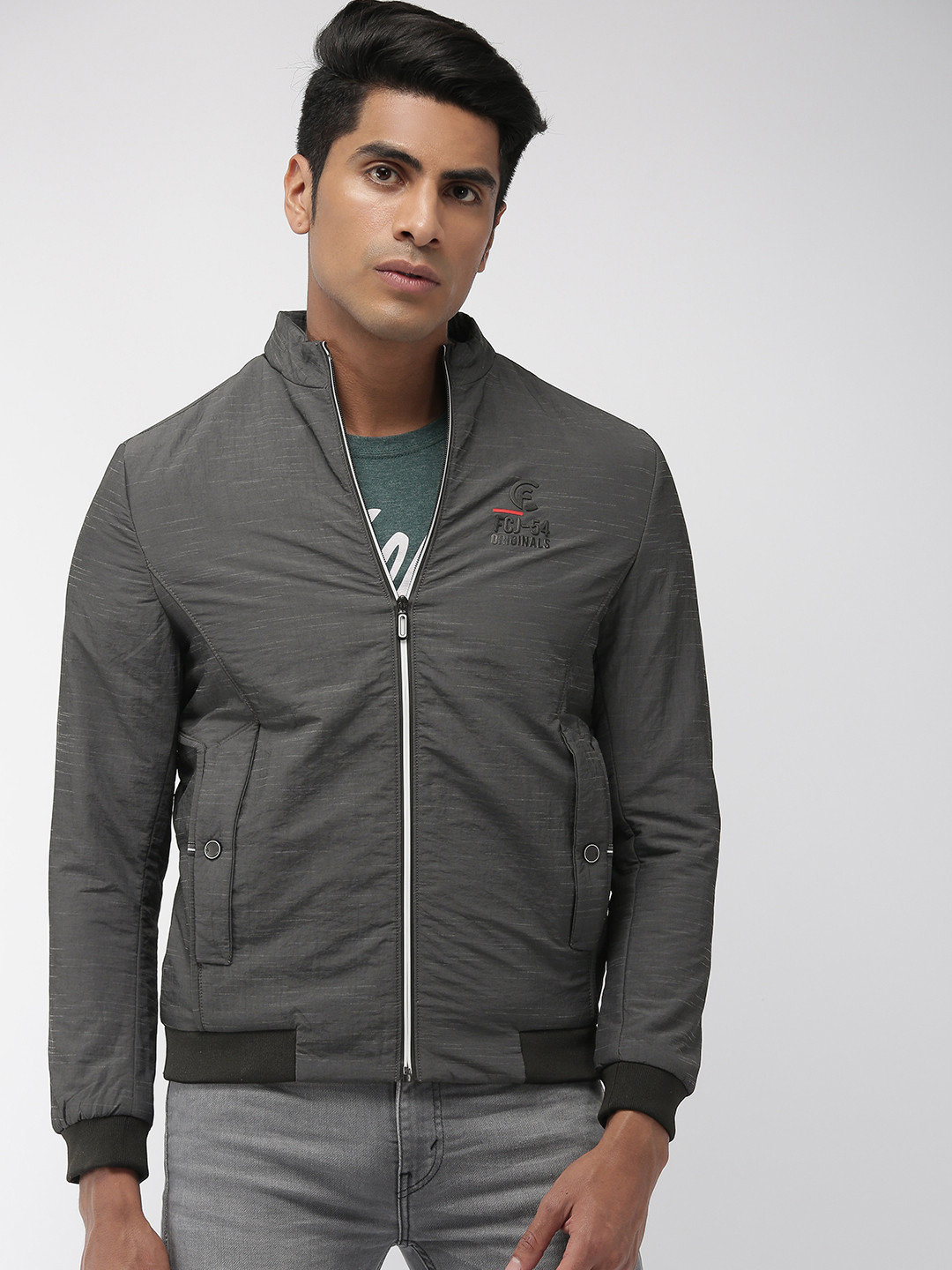 

Fort Collins Men Charcoal Grey Solid Bomber Jacket