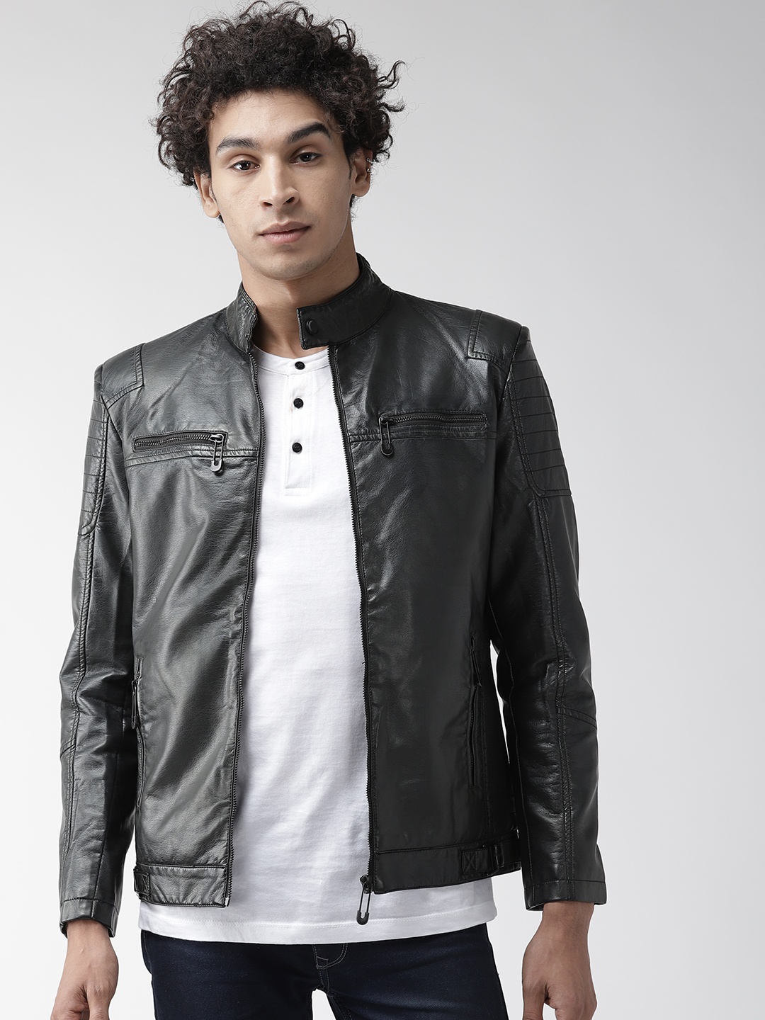 

Fort Collins Men Black Solid Biker Jacket