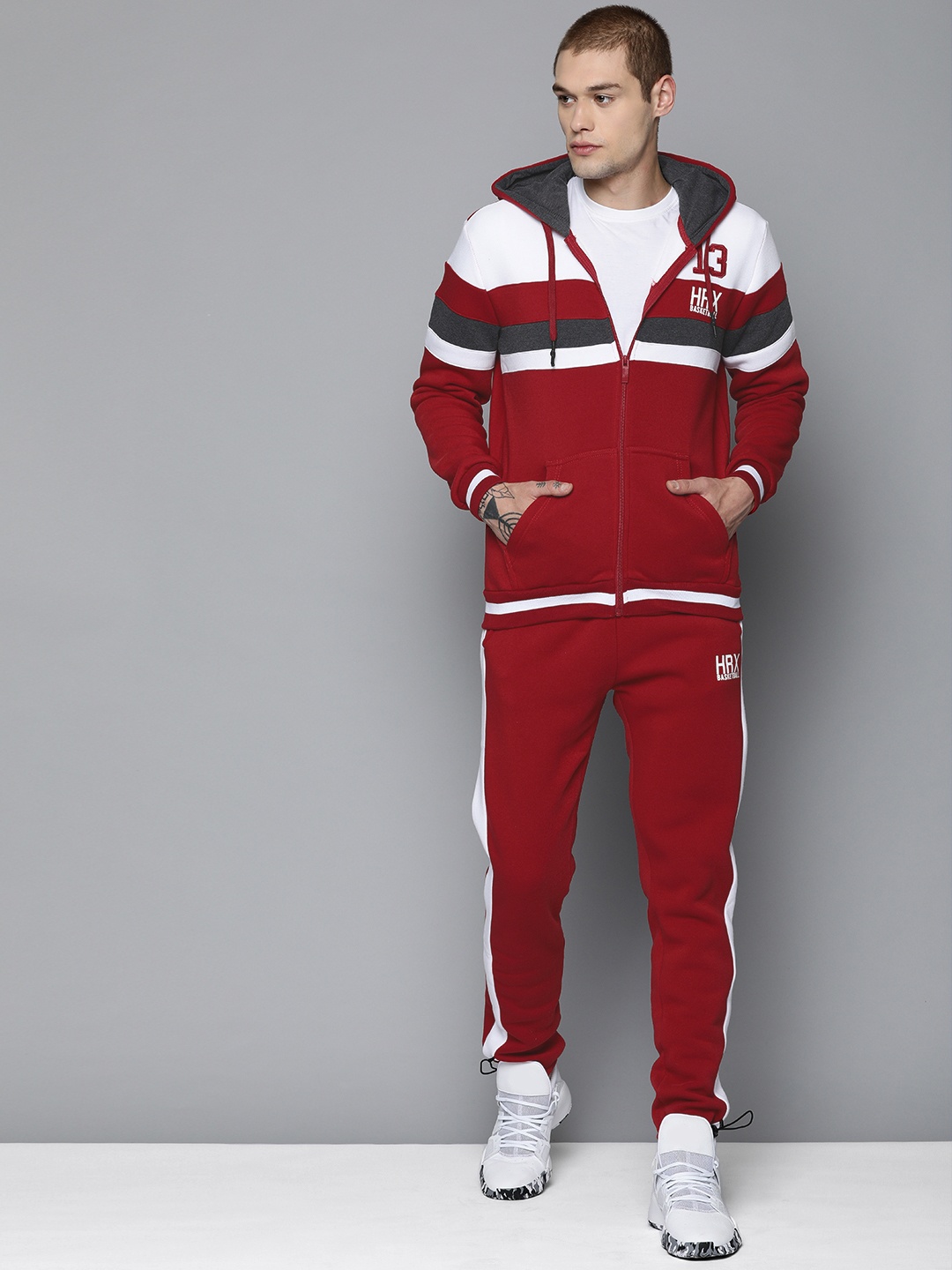 

HRX by Hrithik Roshan Men Red & White Colourblock Regular Fit Basketball Tracksuits