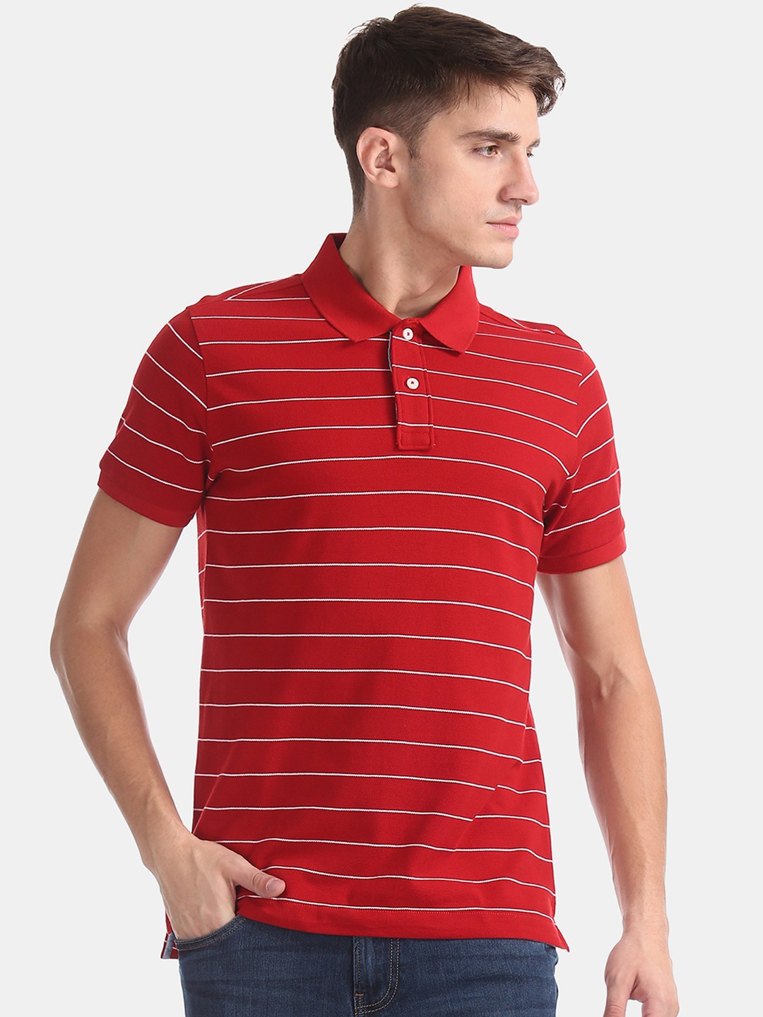 

Arrow Sport Men Red Striped Polo Collar Pure Cotton T-shirt