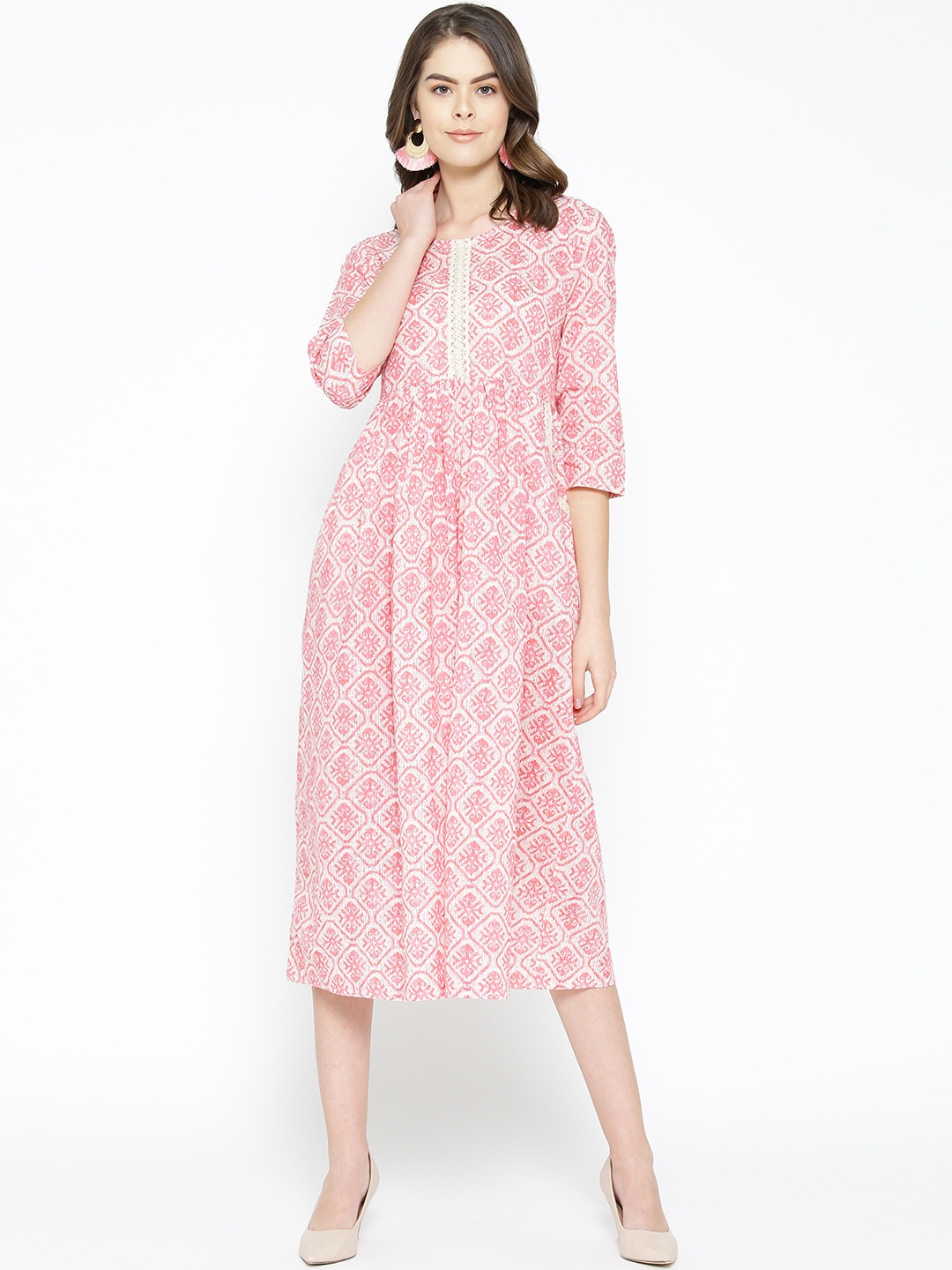 

Sringam Women Pink & Off-White Printed Midi A-Line Dress