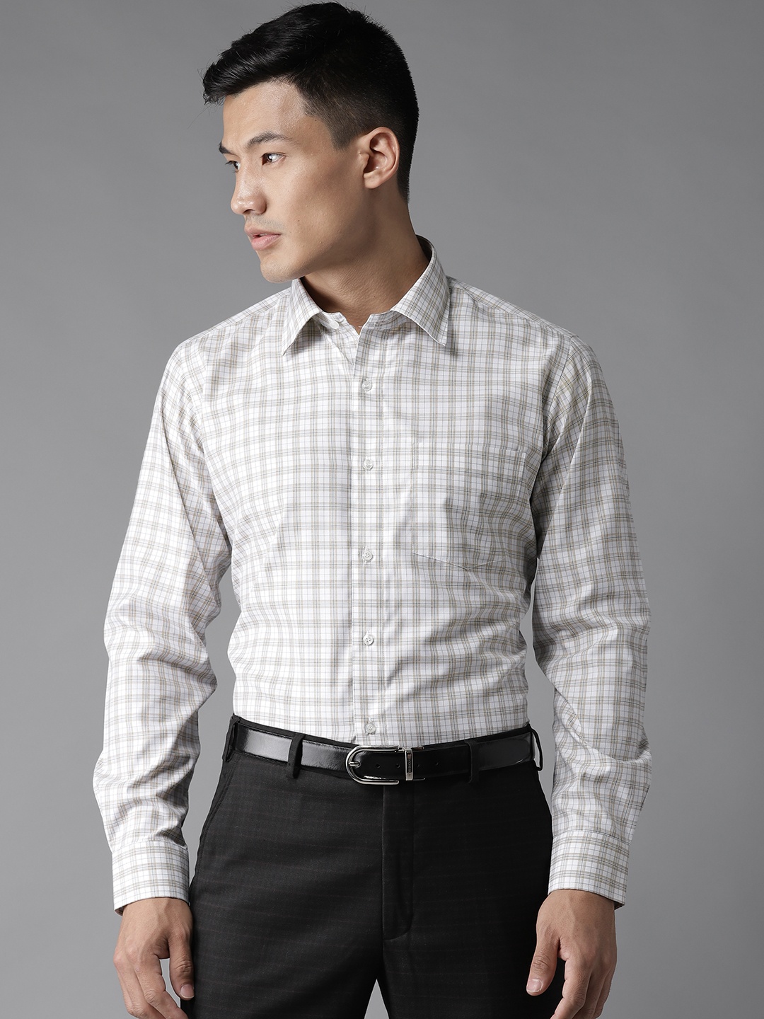 

DENNISON Men White & Beige Smart Slim Fit Checked Formal Shirt