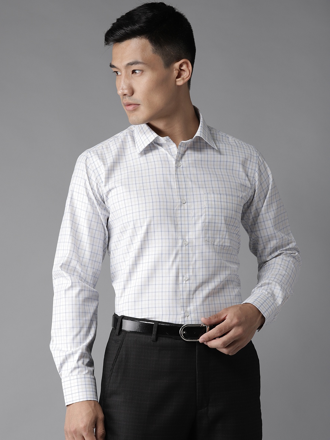 

DENNISON Men White & Blue Smart Slim Fit Checked Formal Shirt