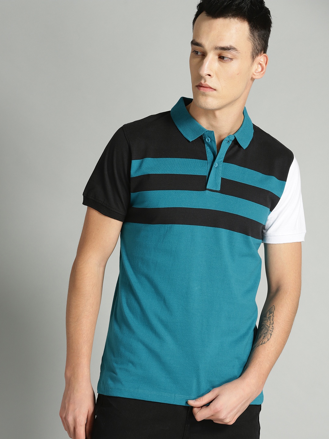 

Roadster Men Blue Black Striped Detail Polo Collar Pure Cotton T-shirt