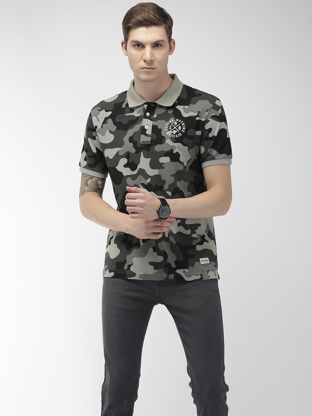 

Flying Machine Men Black Grey Camouflage Printed Polo Collar Pure Cotton T-shirt