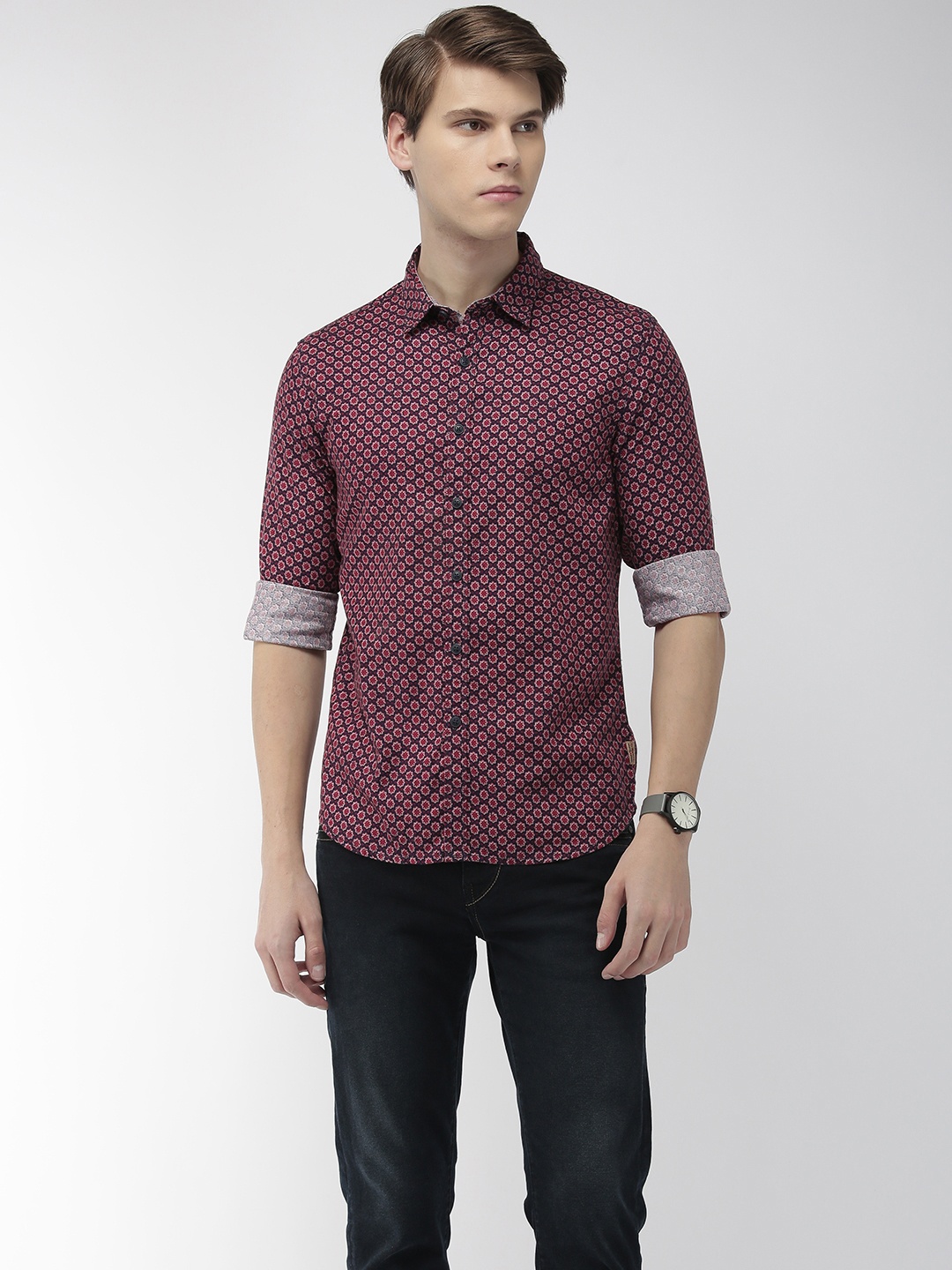 

Flying Machine Men Maroon & Navy Blue Slim Fit Printed Casual Shirt