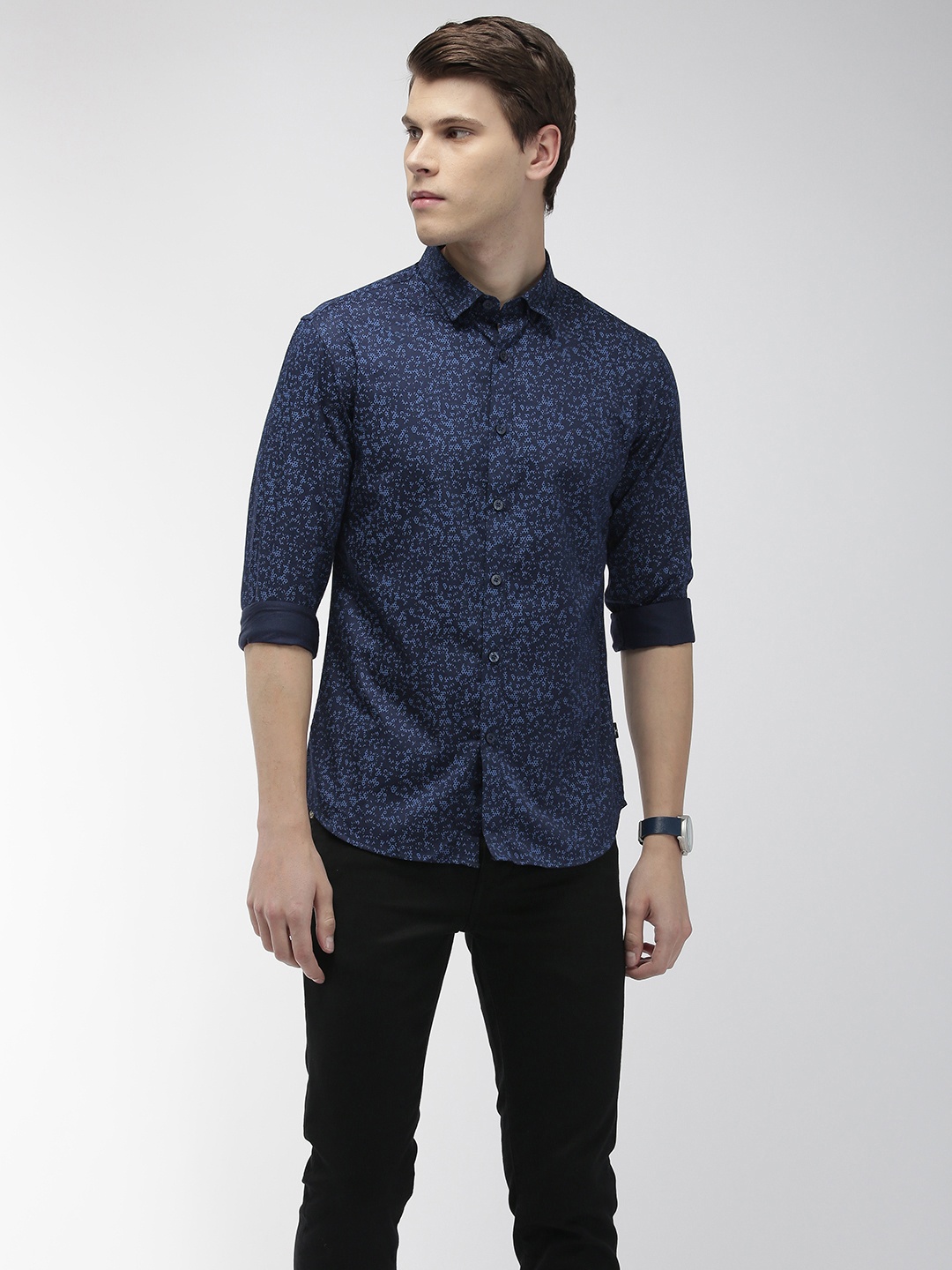 

Flying Machine Men Navy Blue Slim Fit Printed Casual Shirt