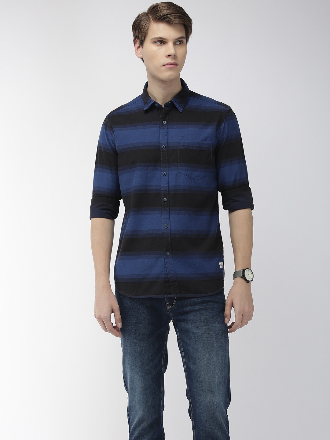 

Flying Machine Men Blue & Black Slim Fit Striped Casual Shirt