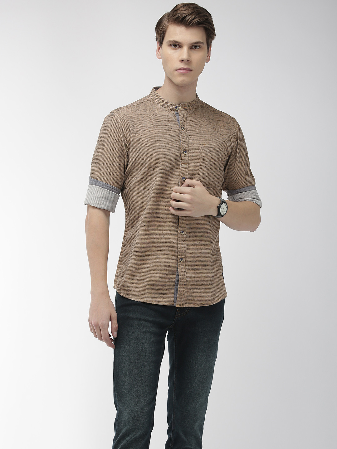 

Flying Machine Men Khaki & Blue Slim Fit Striped Casual Shirt