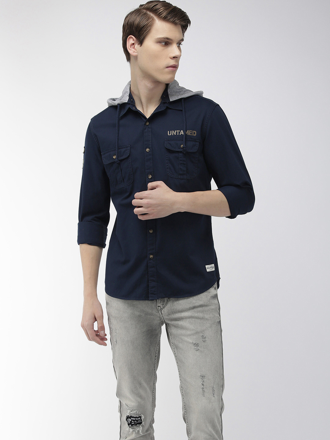 

Flying Machine Men Navy Blue Slim Fit Hooded Solid Casual Shirt