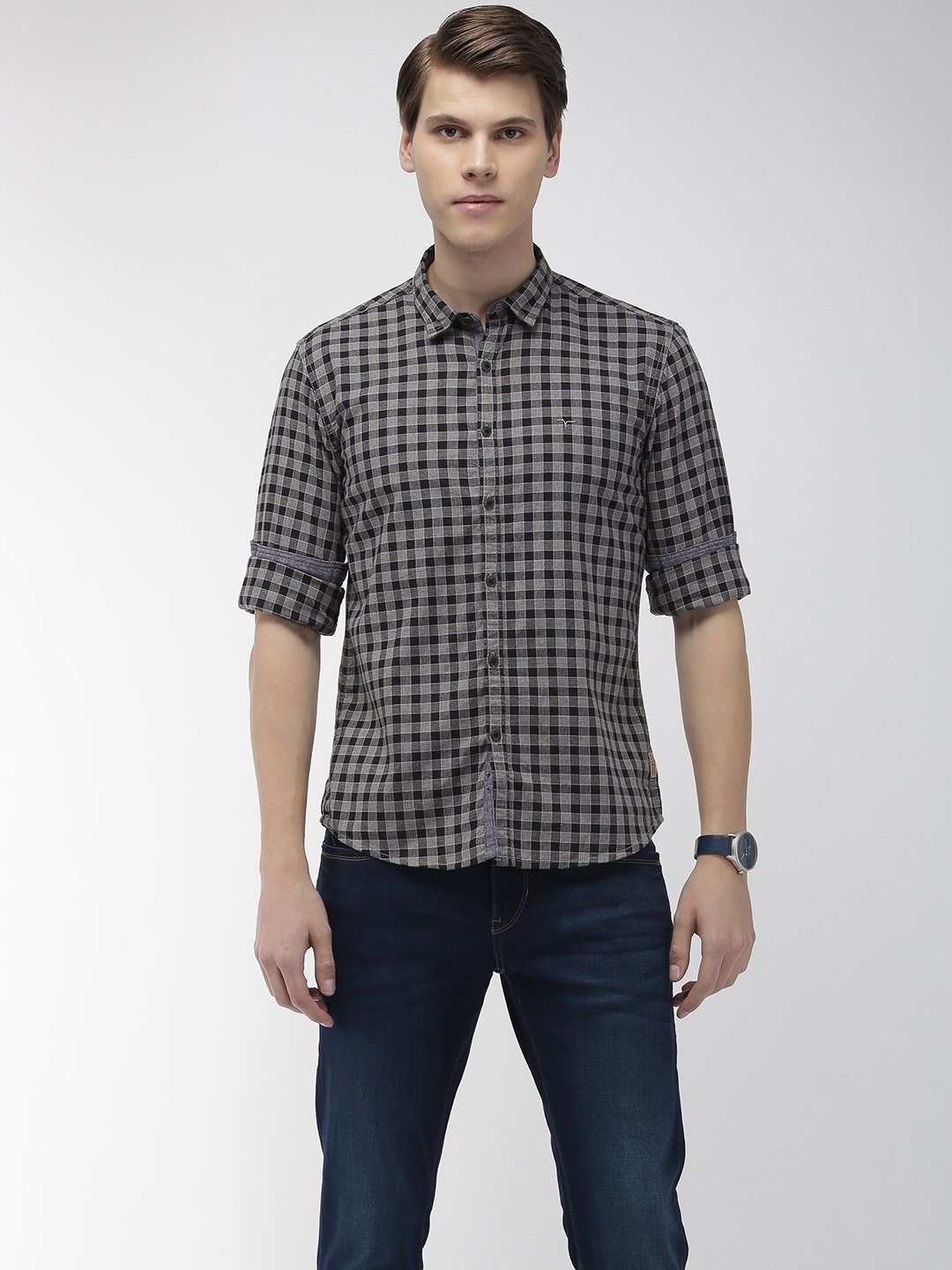 

Flying Machine Men Grey & Black Slim Fit Checked Casual Shirt