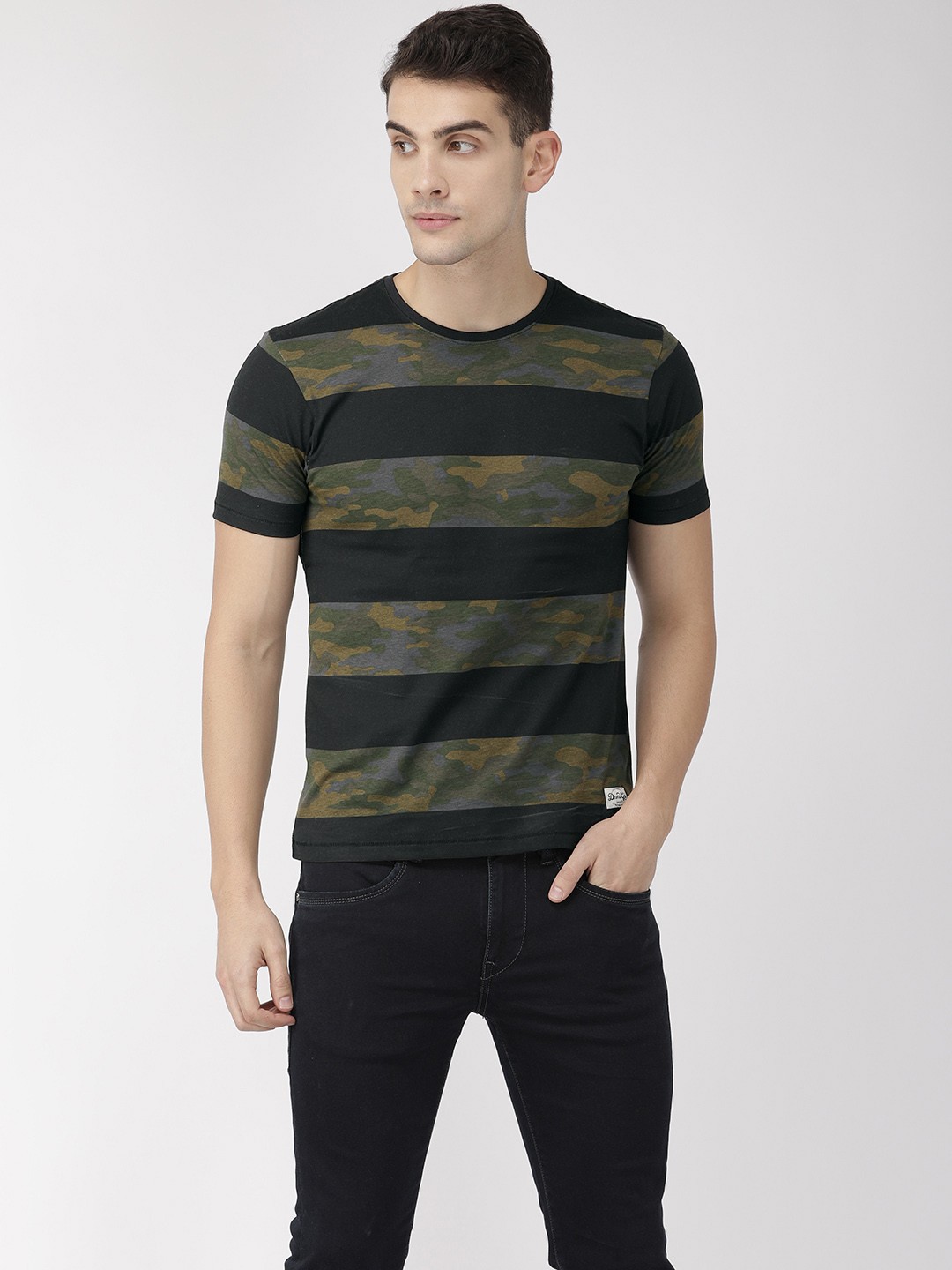 

Flying Machine Men Black Striped Round Neck T-shirt