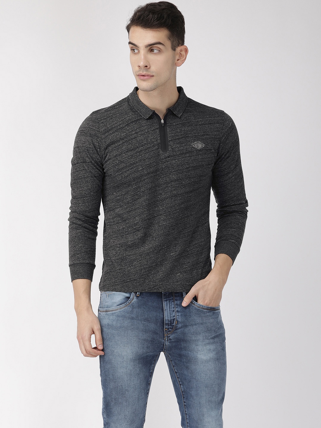 

Flying Machine Men Charcoal Black Solid Polo Collar T-shirt