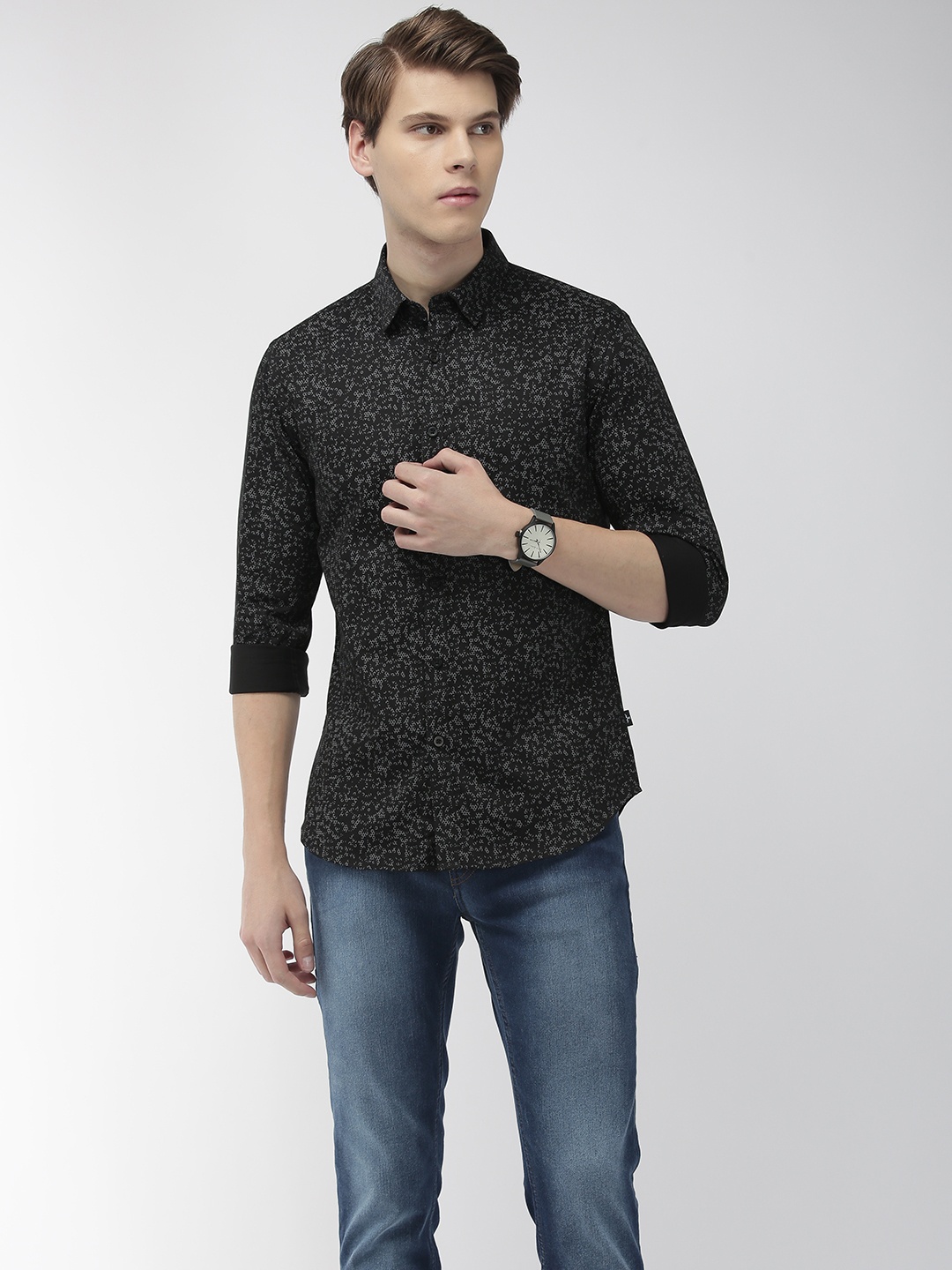 

Flying Machine Men Black & Grey Slim Fit Printed Casual Shirt