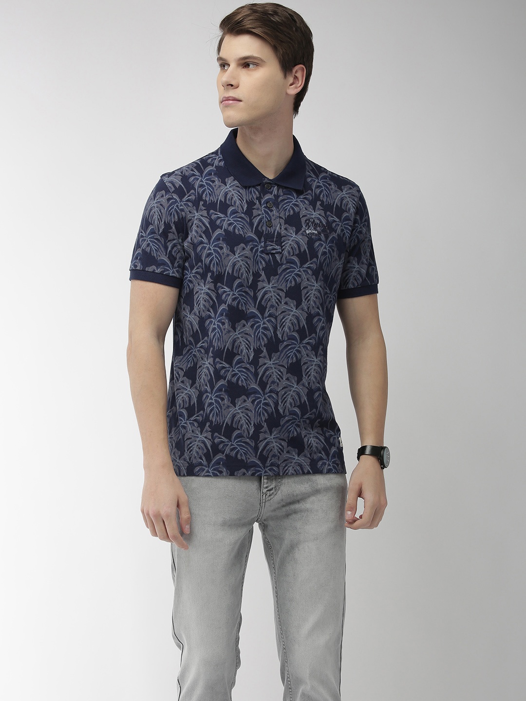 

Flying Machine Men Navy Blue Printed Polo Collar T-shirt