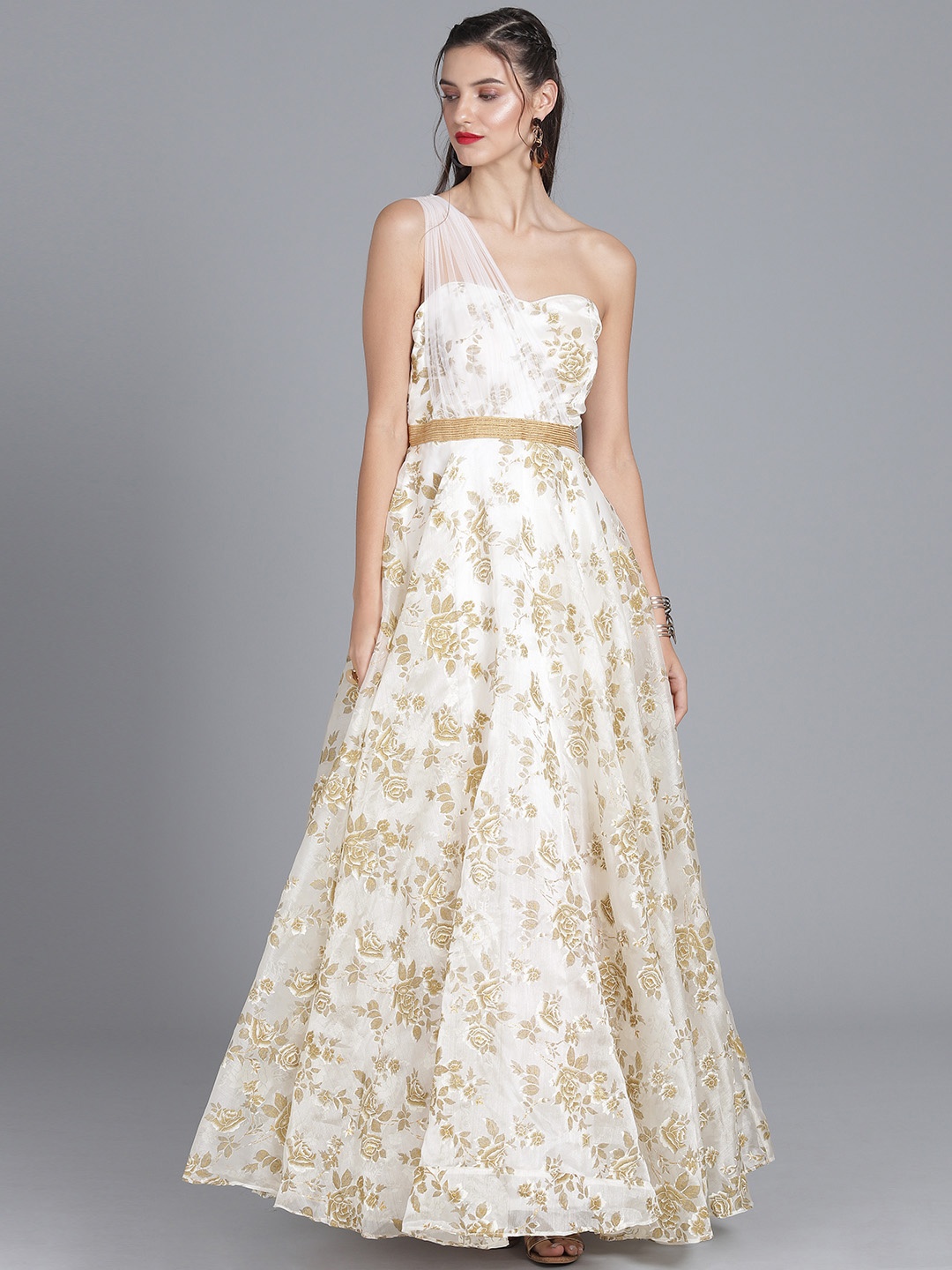 

Ethnovog Women Off-White Floral Printed Made to Measure Cocktail Gown