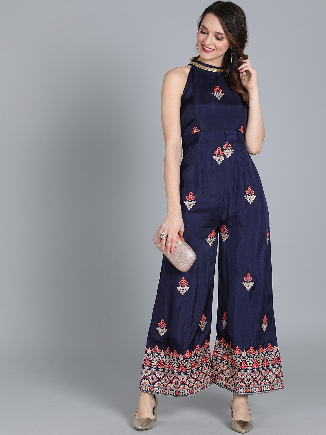 

Ethnovog Women Navy Blue Embroidered Made To Measure Basic Jumpsuit