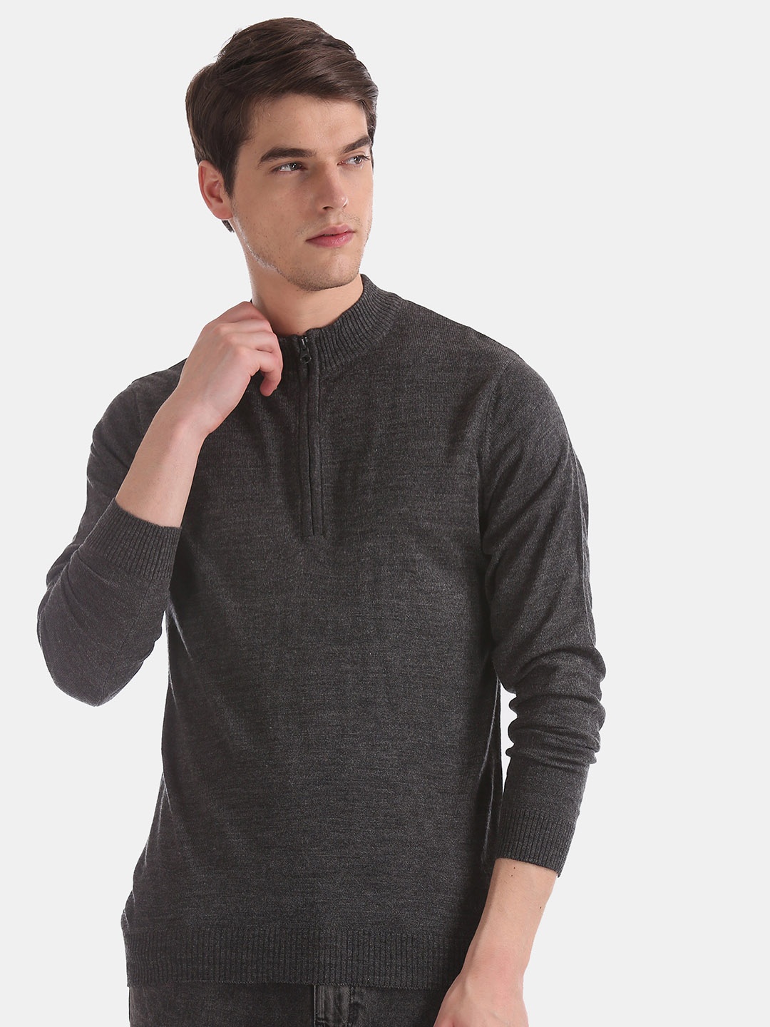 

Flying Machine Men Black Solid Sweater, Charcoal