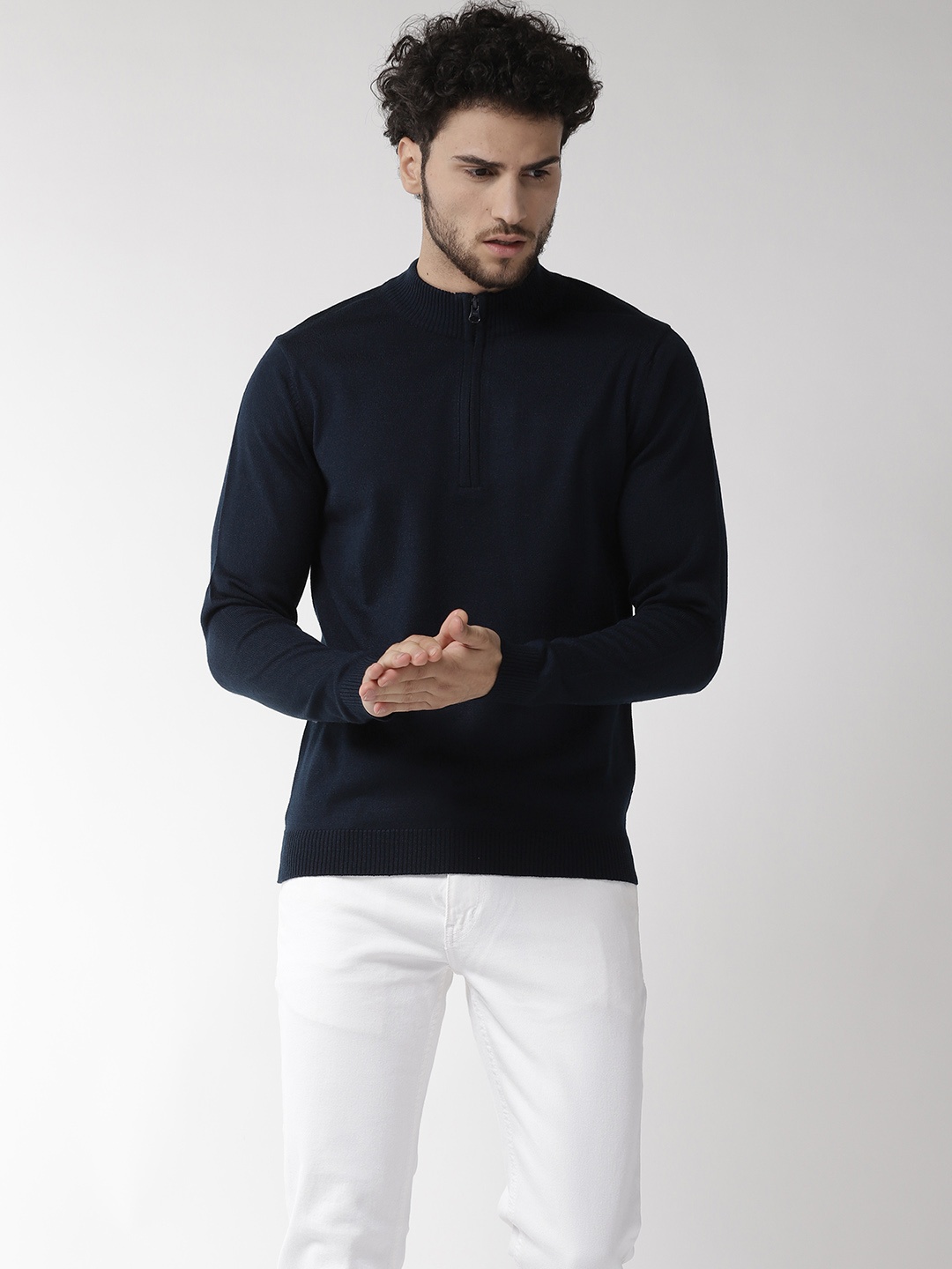 

Flying Machine Men Navy Blue Solid Pullover