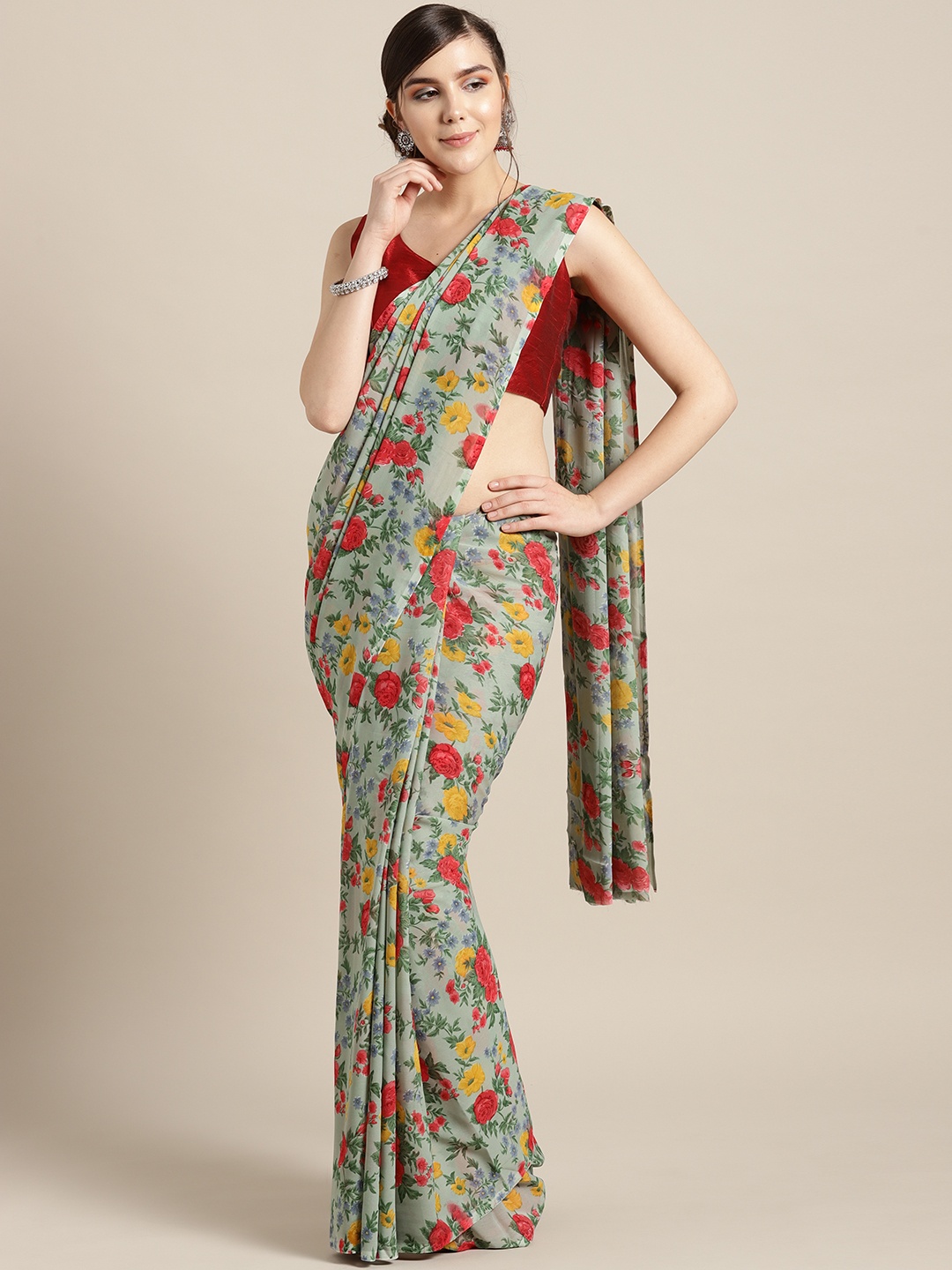 

Ishin Green & Red Printed Saree