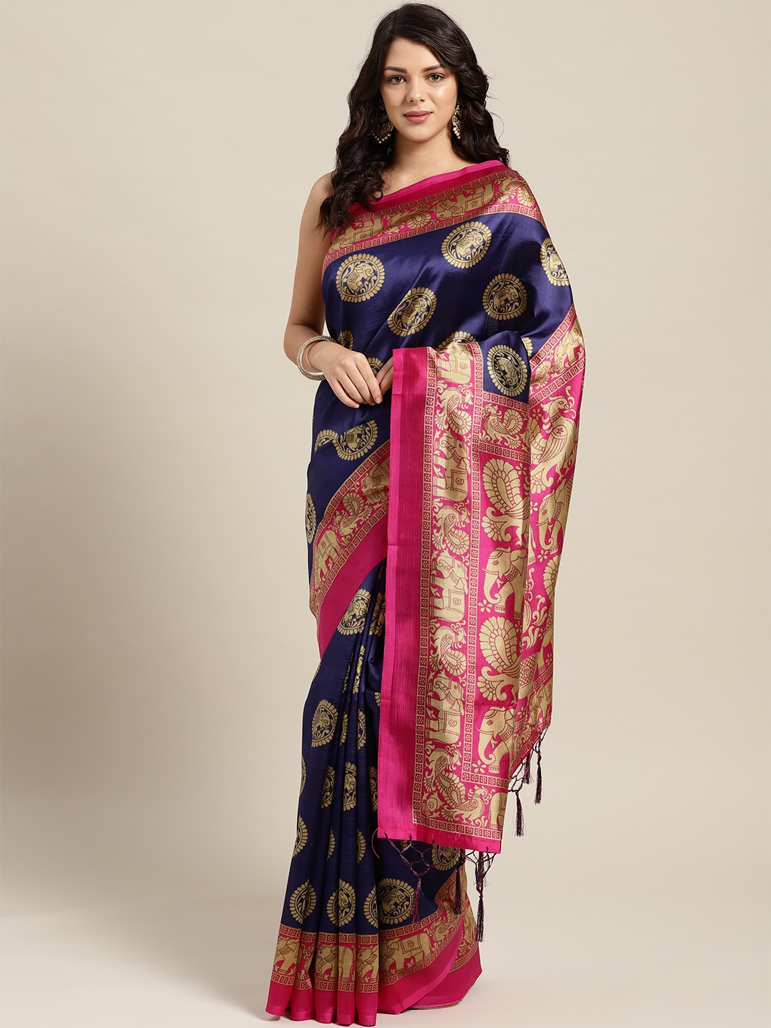 

Ishin Navy & Golden Printed Mysore Silk Saree, Navy blue