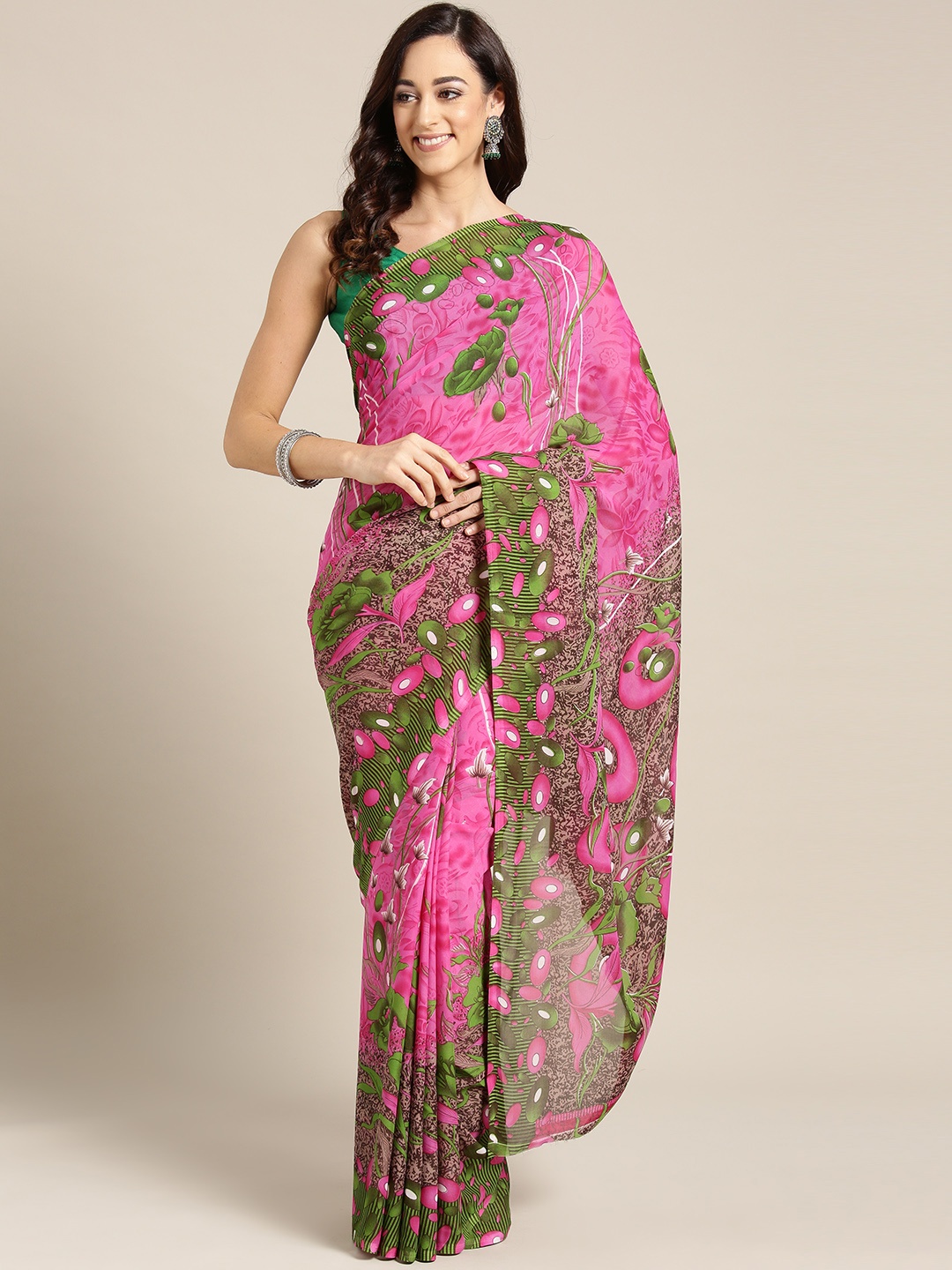 

Ishin Pink & Green Printed Saree