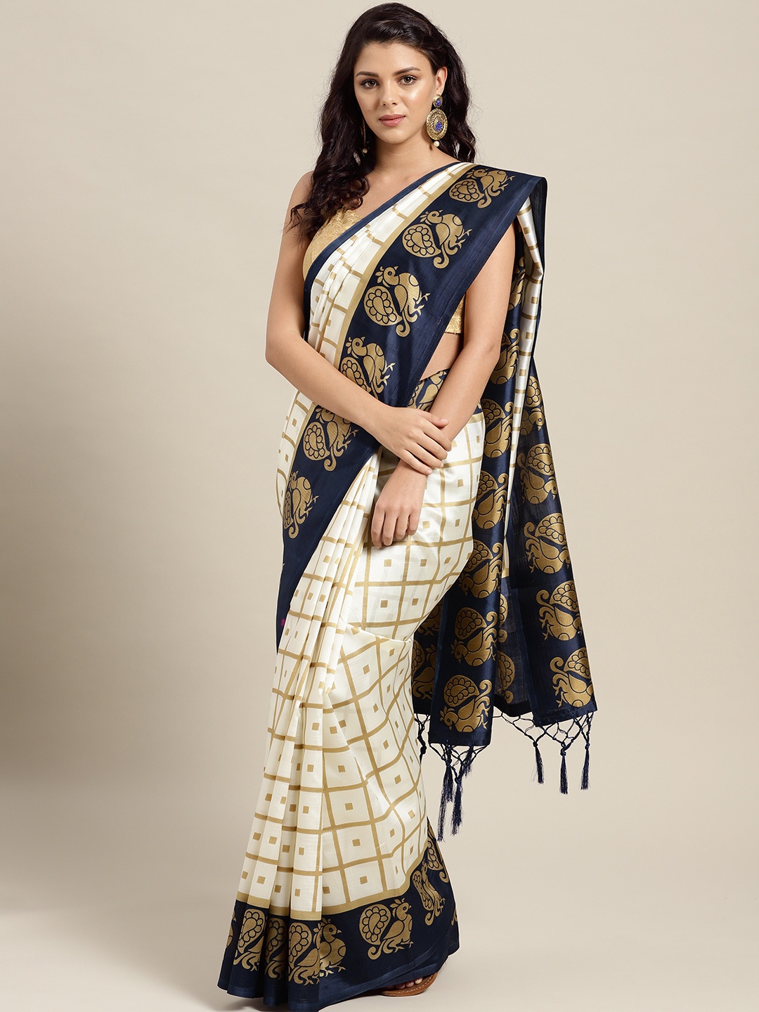 

Ishin Off-White & Golden Printed Mysore Silk Saree