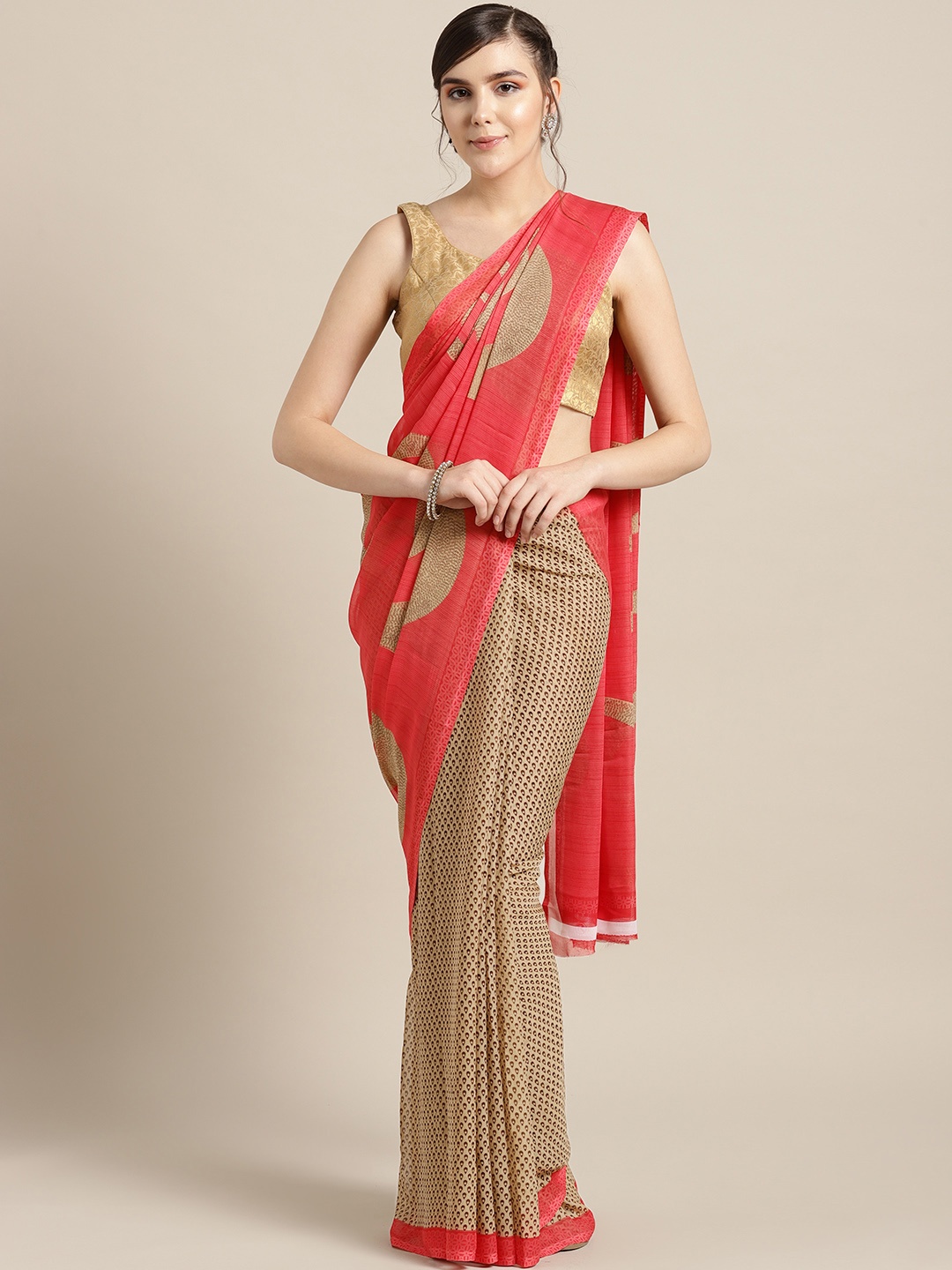 

Ishin Coral Pink & Beige Printed Half & Half Saree