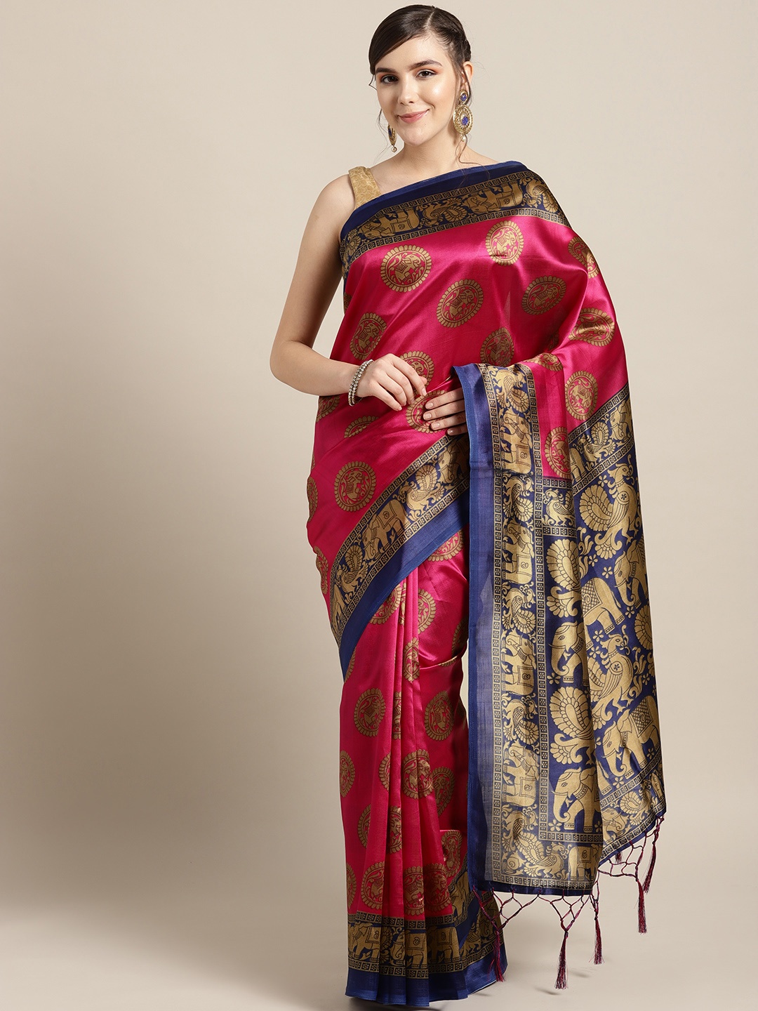 

Ishin Magenta & Navy Blue Printed Mysore Silk Saree