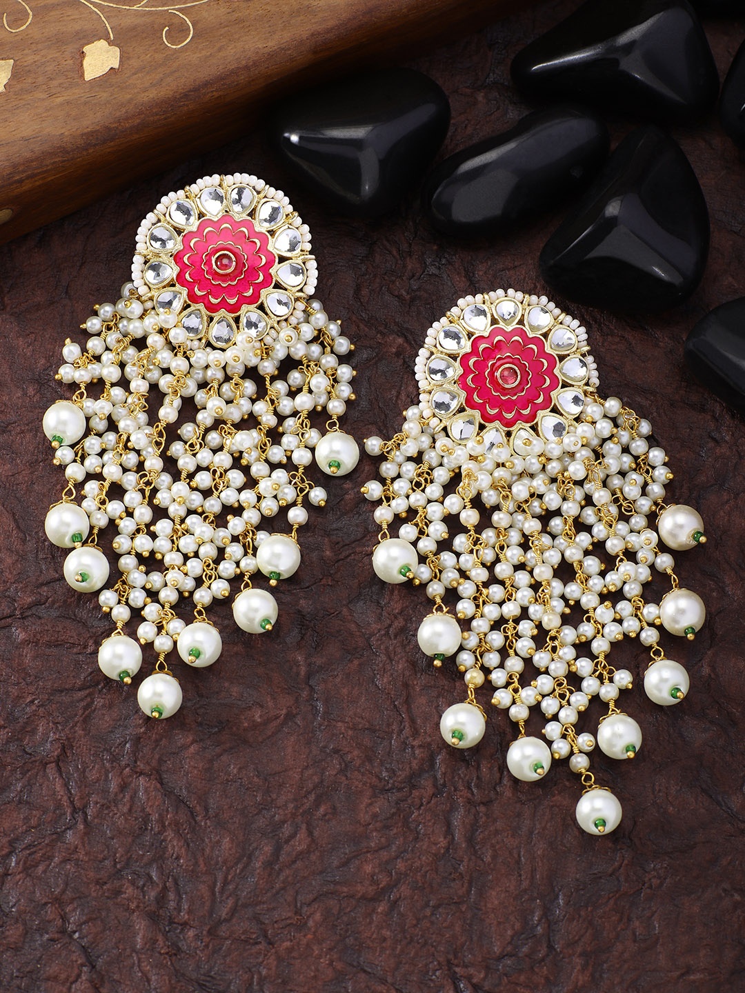 

Peora Gold-Plated Pink Kundan Enamel Contemporary Drop Earrings