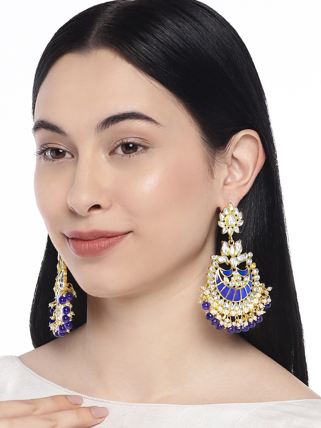 

Peora Women 18K Gold-Plated Blue Kundan-Studded Contemporary Chandbalis