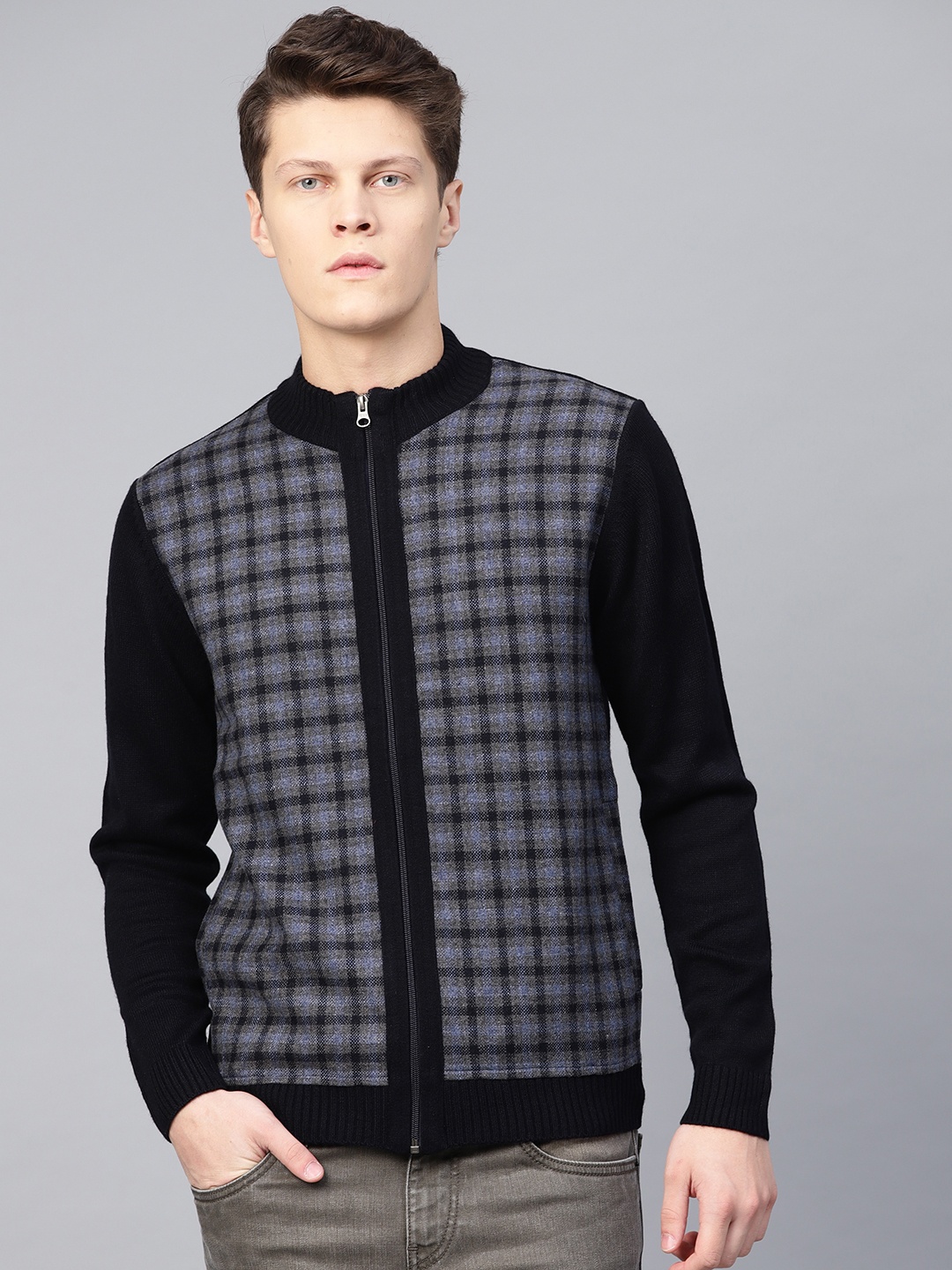 

Van Heusen Sport Men Black & Grey Self-Checked Cardigan