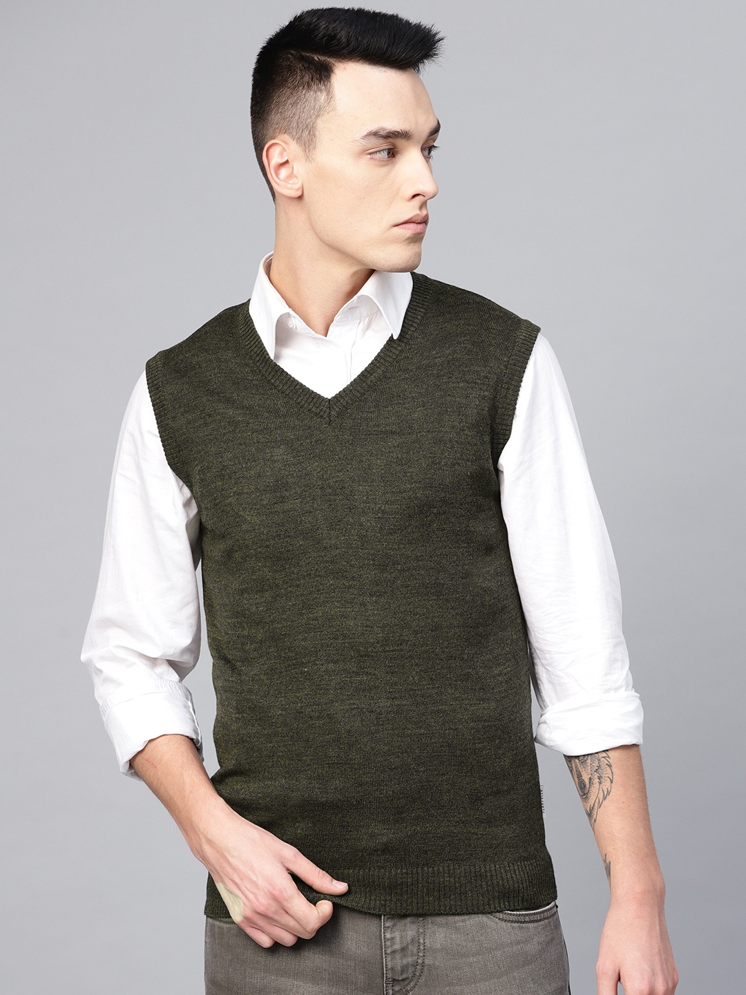 

Van Heusen Sport Men Olive Green Solid Sweater Vest