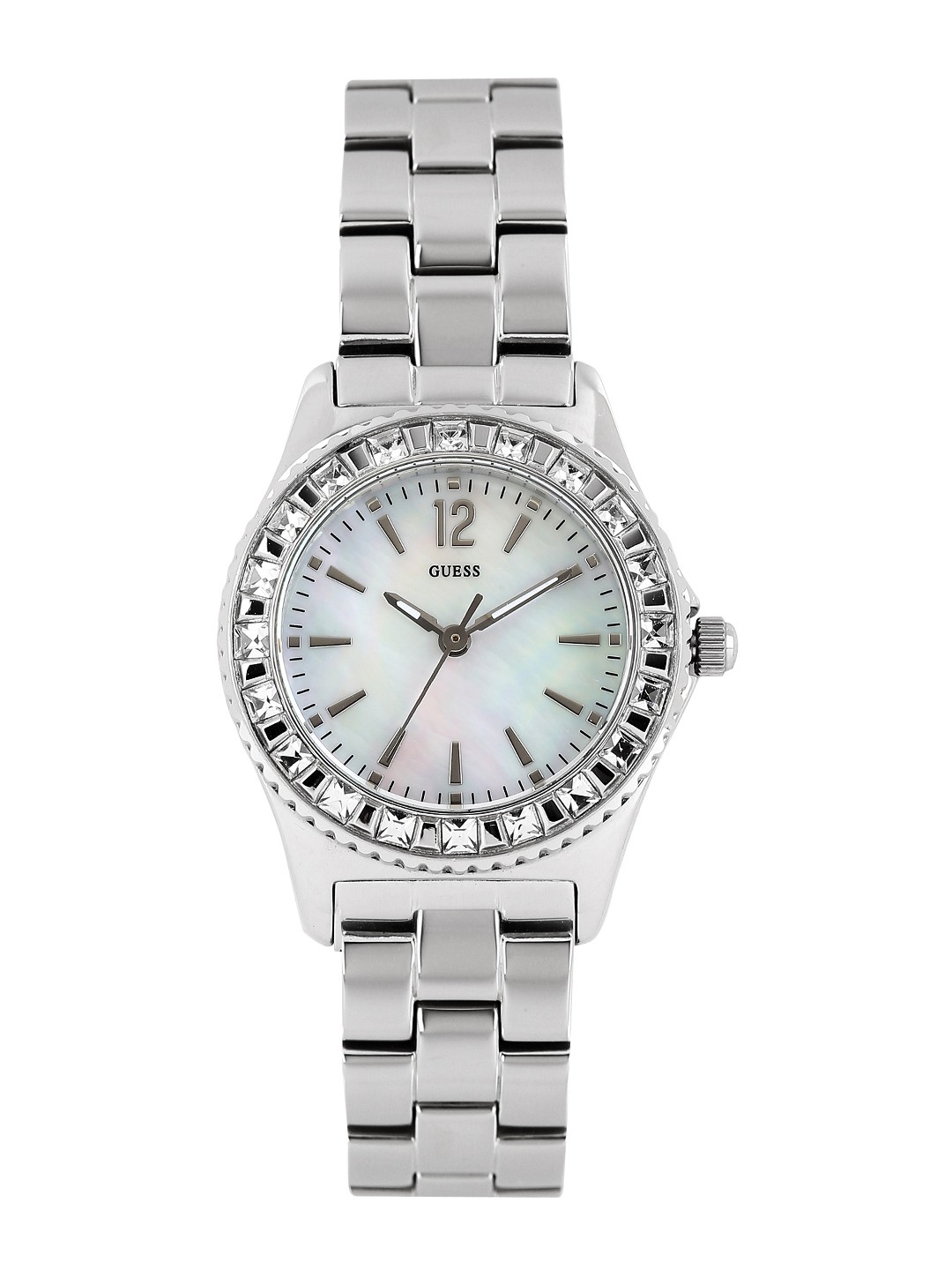 

GUESS Women Pearly White Dial Embellished Watch W0025L1