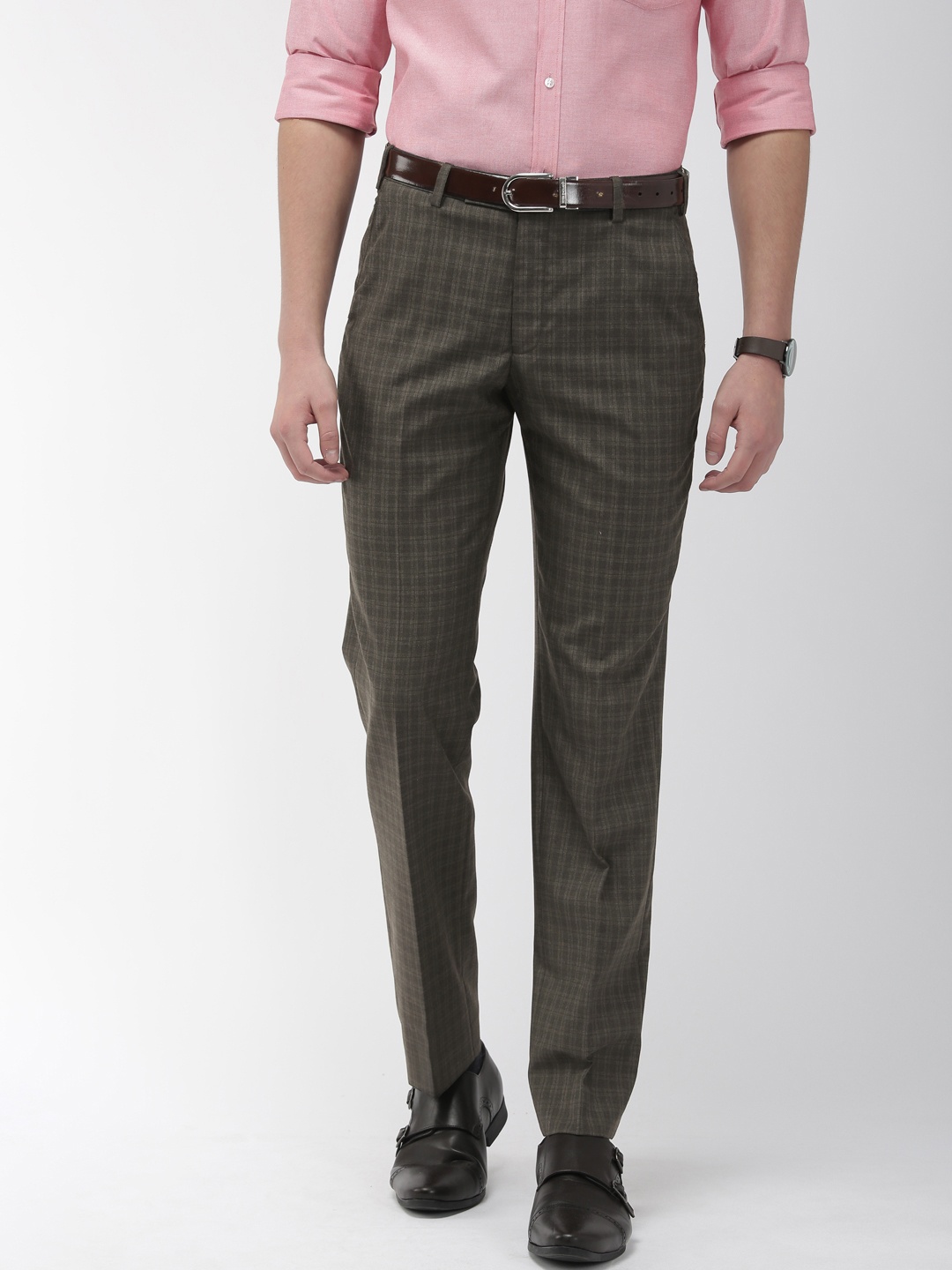 

Park Avenue Men Brown Smart Fit Self Checked Regular Trousers