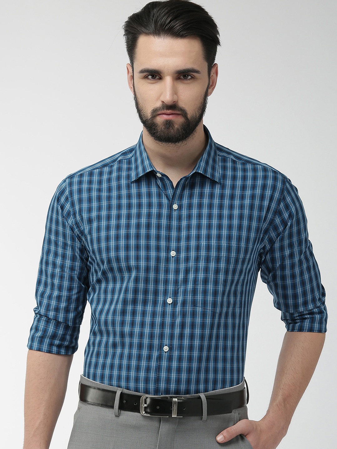 

Park Avenue Men Blue & Grey Slim Fit Checked Formal Shirt