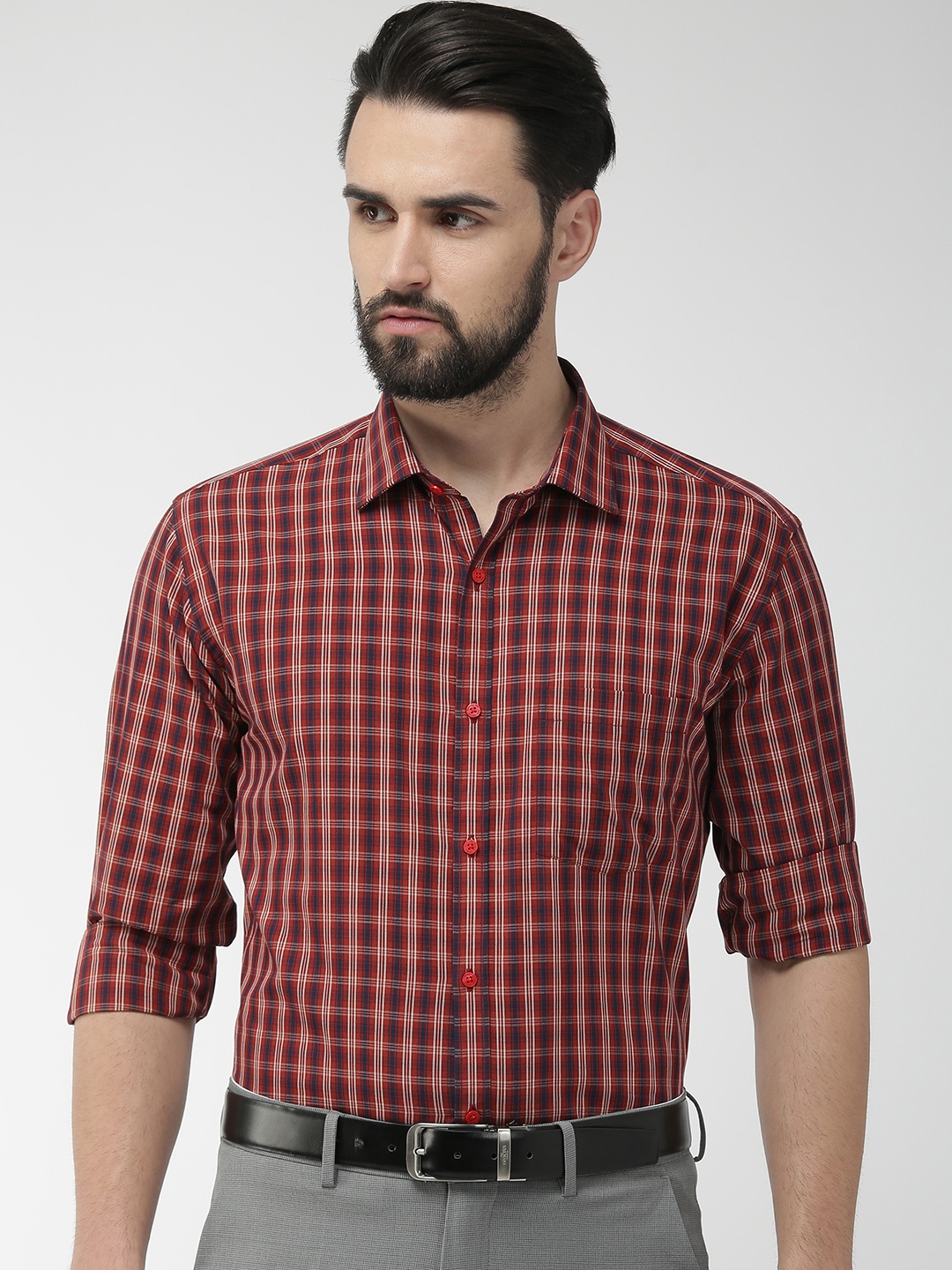

Park Avenue Men Red & Navy Blue Slim Fit Checked Formal Shirt