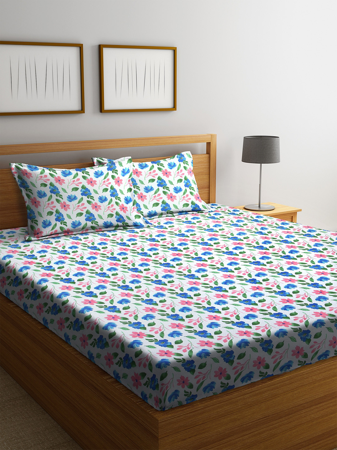 

SPACES White & Blue Floral 210 TC Cotton 1 Queen Bedsheet with 2 Pillow Covers