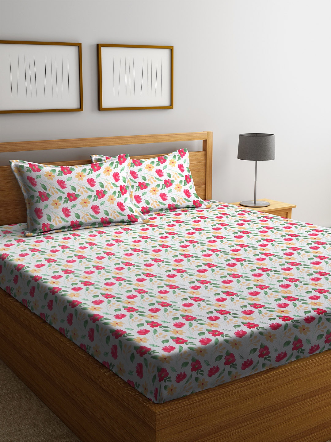 

SPACES White & Red Floral 210 TC Cotton 1 Queen Bedsheet with 2 Pillow Covers