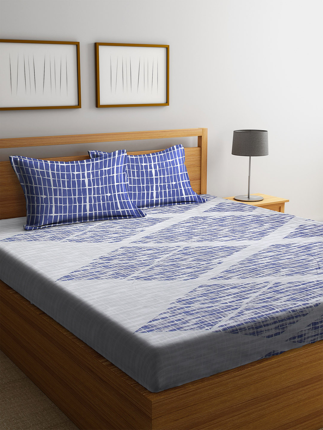 

SPACES Blue & Grey Geometric 210 TC Cotton 1 Queen Bedsheet with 2 Pillow Covers