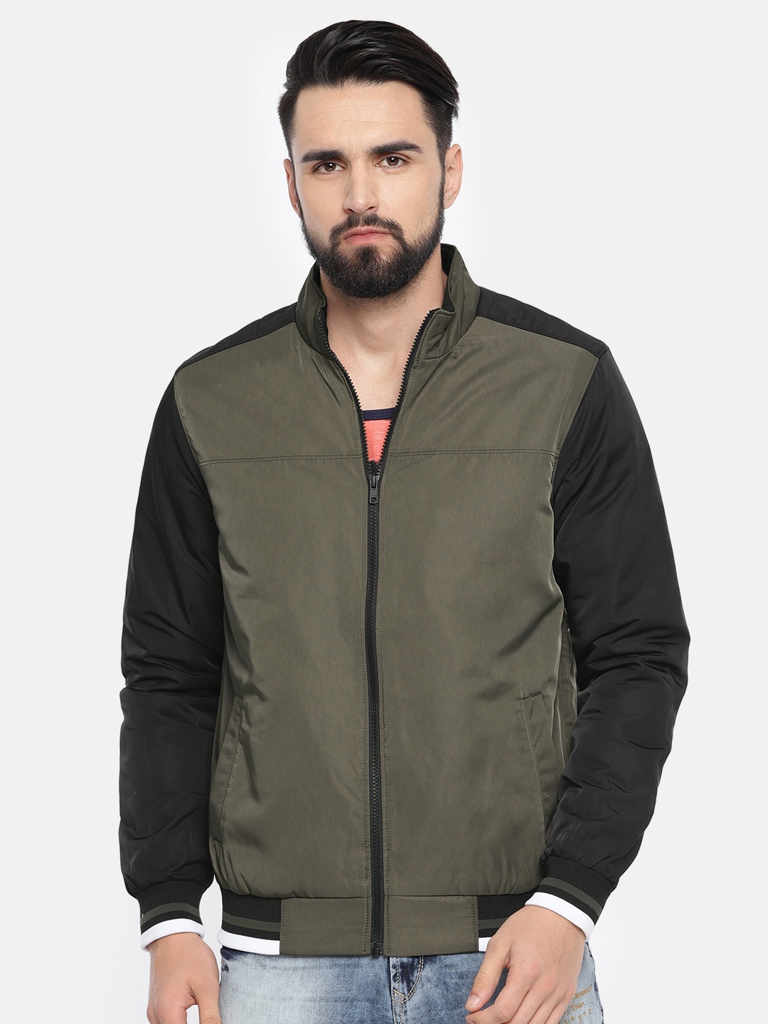 

Parx Men Olive Green Solid Bomber Jacket