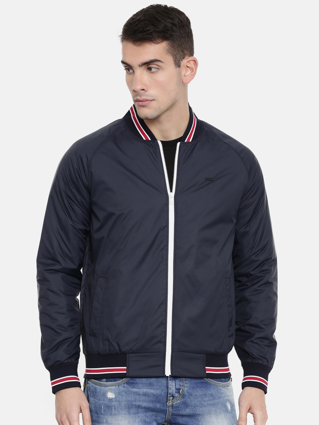 

Parx Men Navy Blue Solid Bomber Jacket