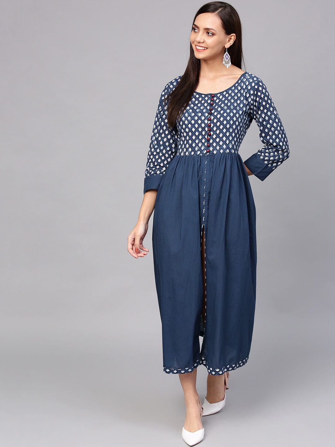 

Geroo Jaipur Indigo Handblock Printed Pure Cotton Maxi Dress, Navy blue