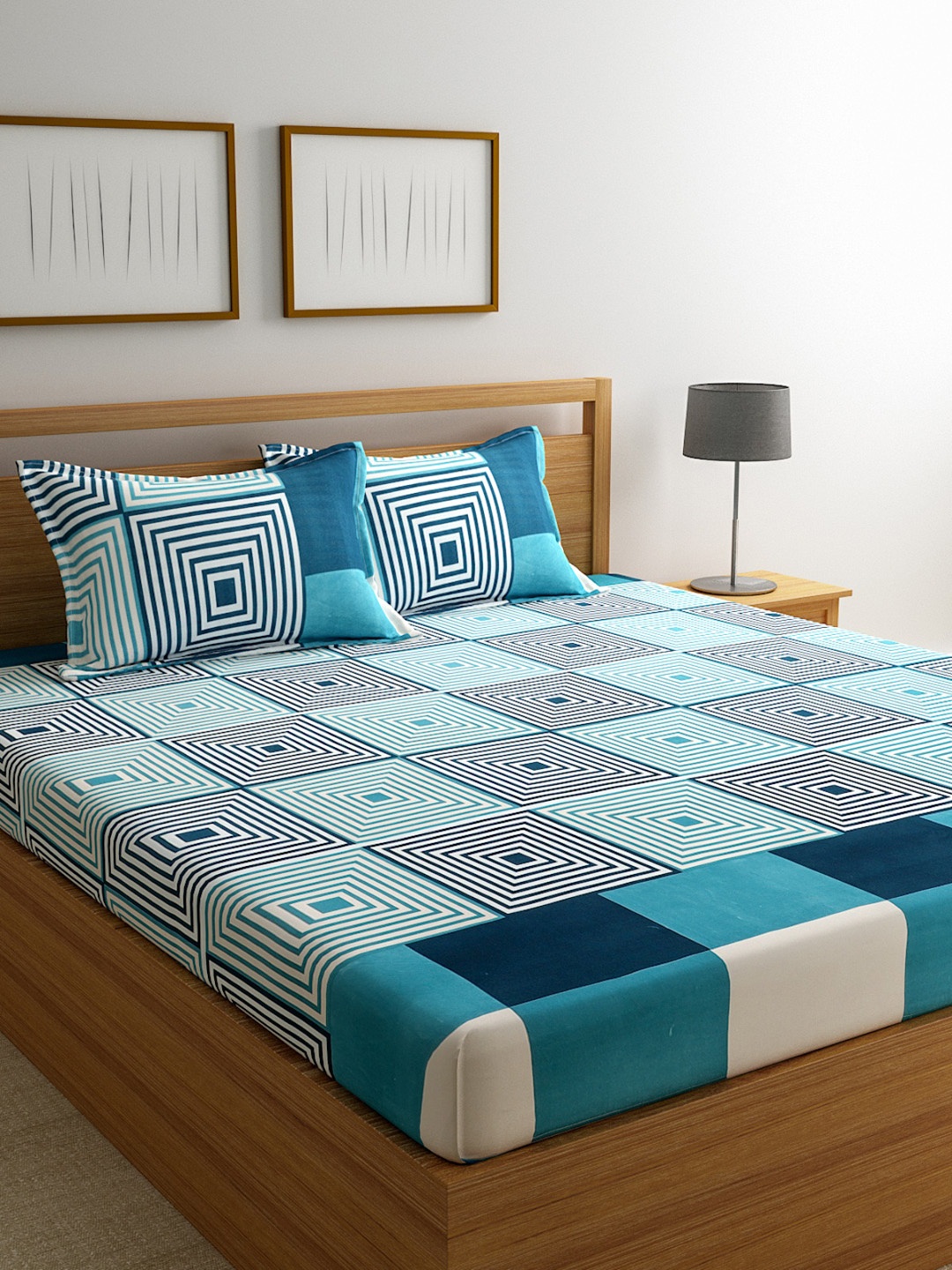 

ROMEE Geometric Printed 144 TC Microfiber 1 Queen Bedsheet with 2 Pillow Covers, Turquoise blue