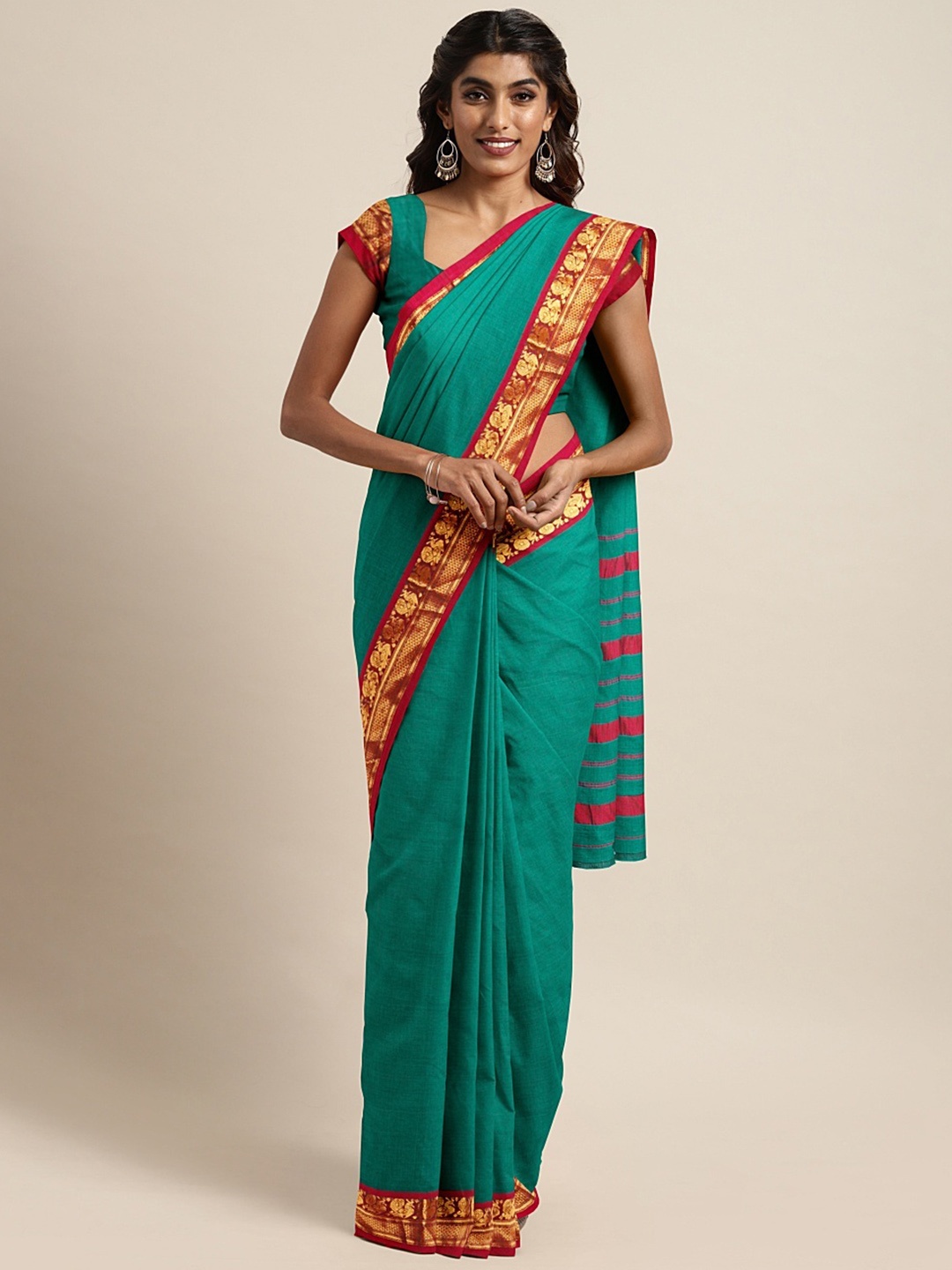

Pavechas Teal Green Pure Cotton Solid Venkatgiri Saree
